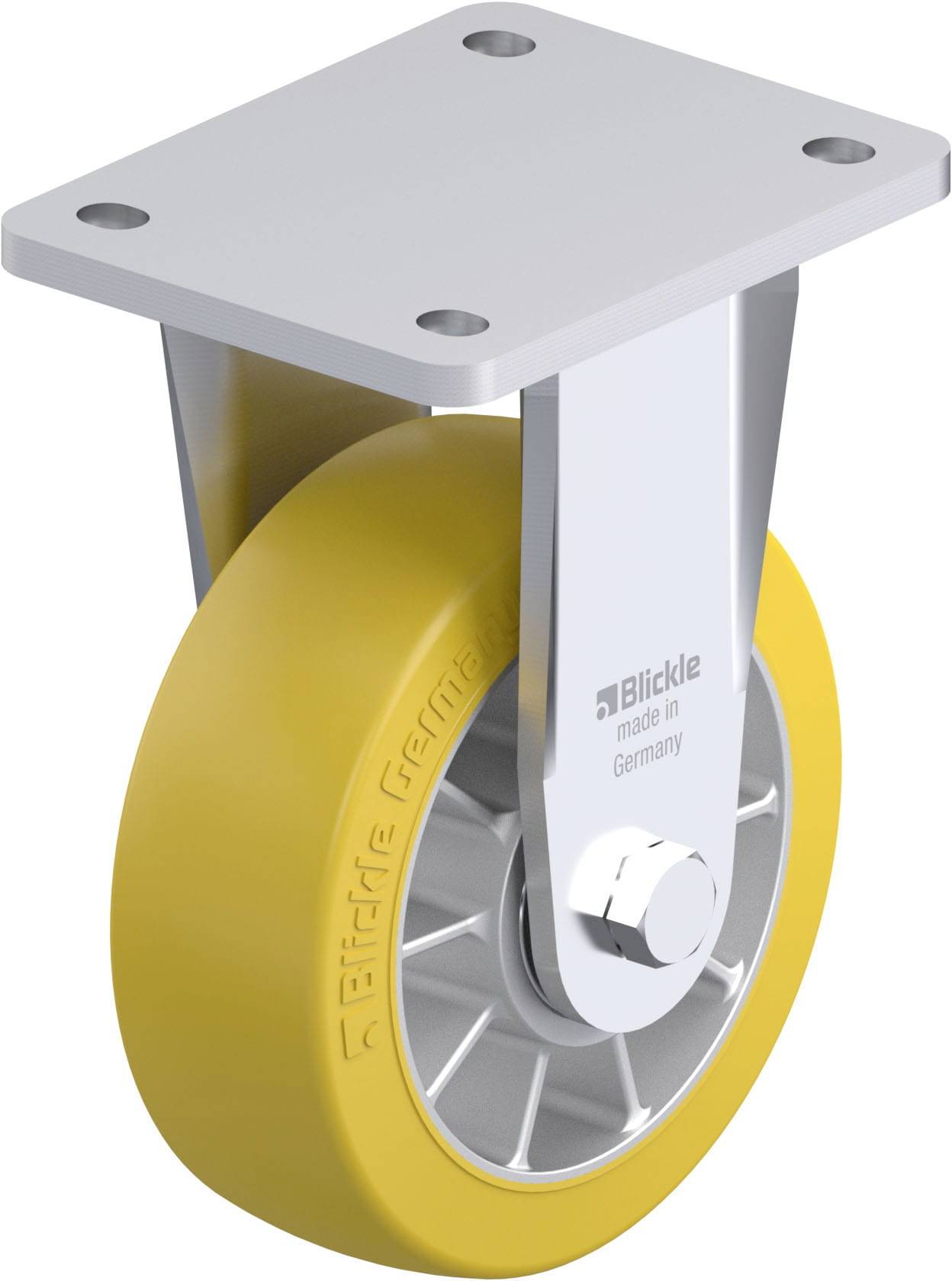 Industrie-Lenkrolle mit gelbem Rad, silbernem Gehäuse, von 'Blickle'. Geradlinige Achse, robust, für schwere Lasten geeignet.