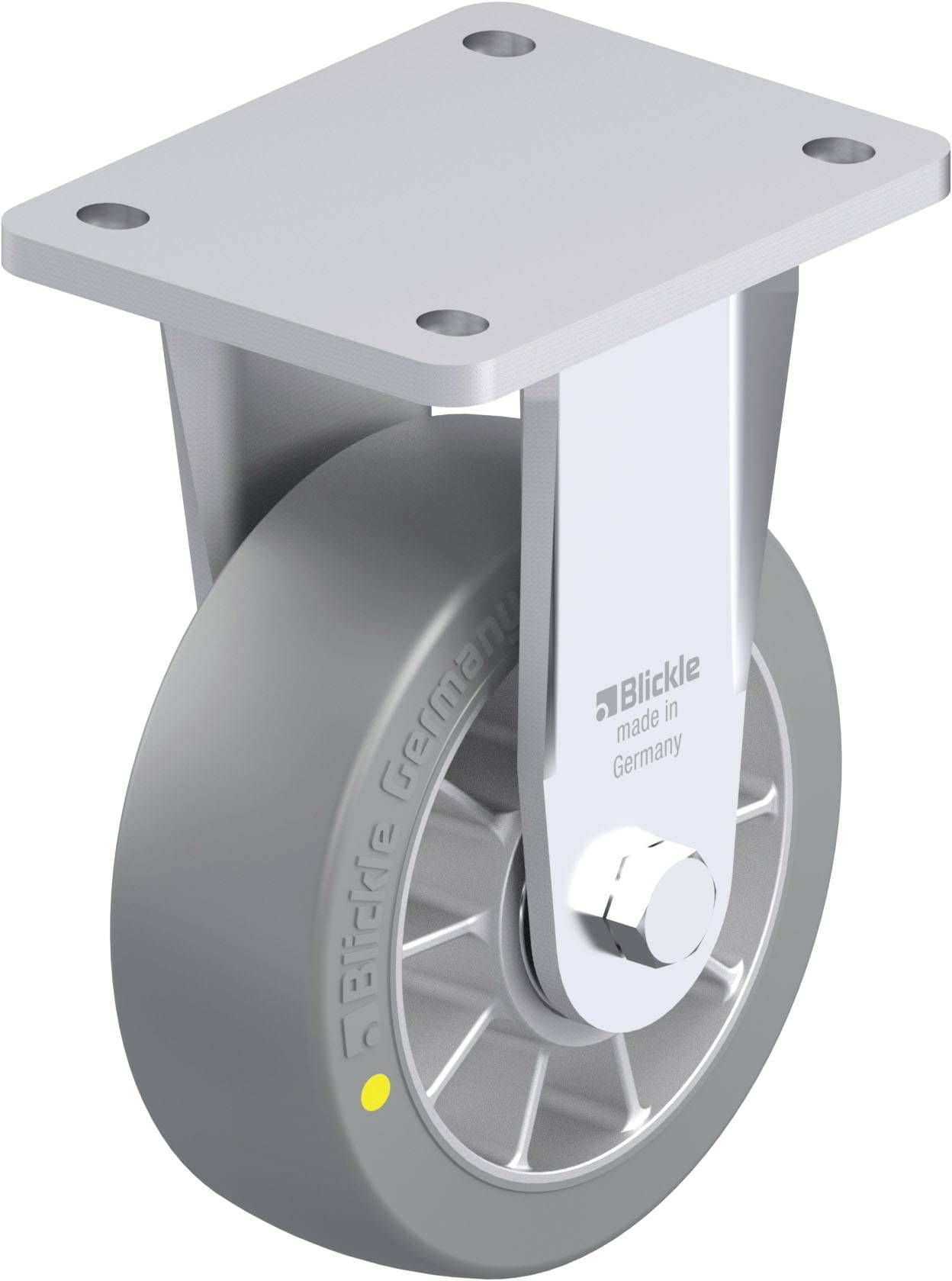 Industrie-Rollenrad aus Metall mit Gummireifen, befestigt an einer quadratischen Metallplatte. Seitenansicht zeigt Detail der Befestigung.