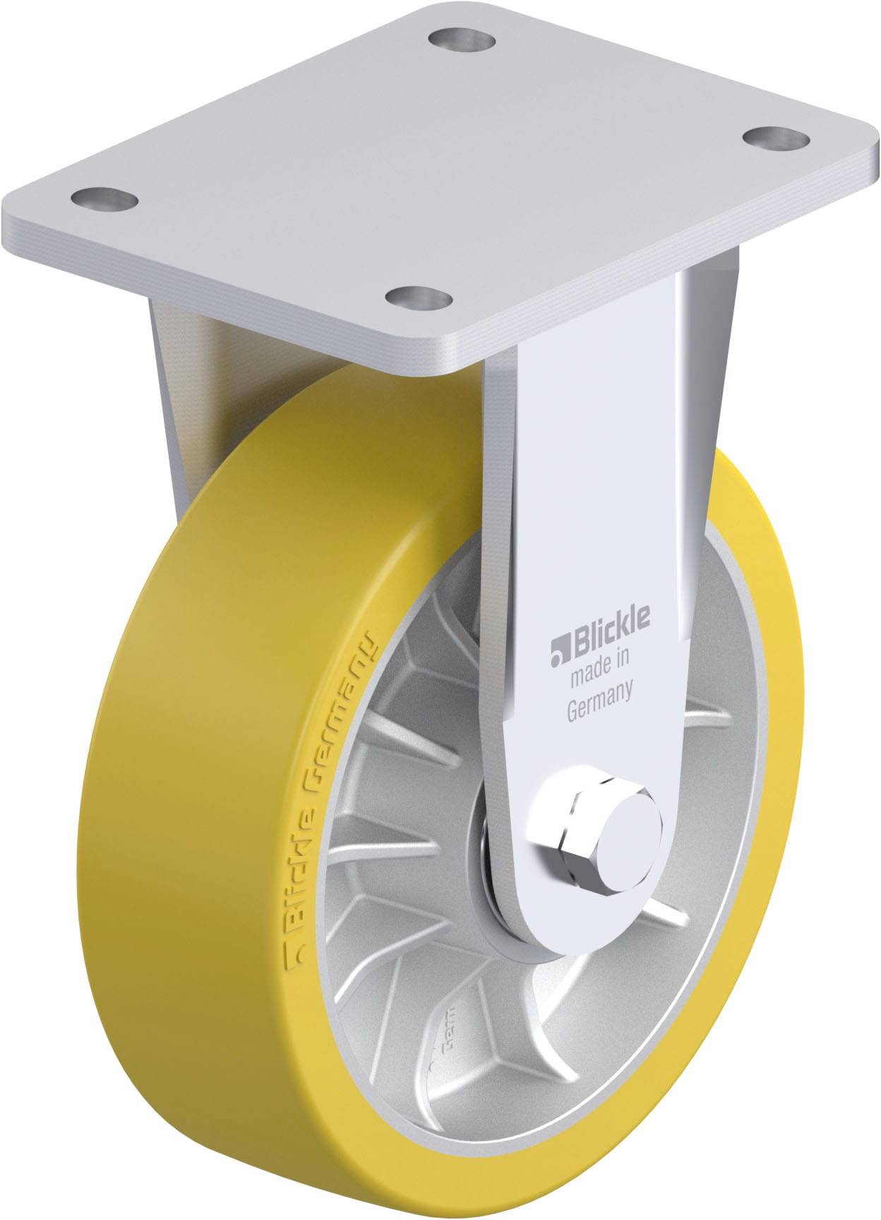 Ein Schwerlast-Drehräder mit gelbem Rad, montiert an einer grauen Metallhalterung, trägt den Aufdruck 'Blickle made in Germany'.
