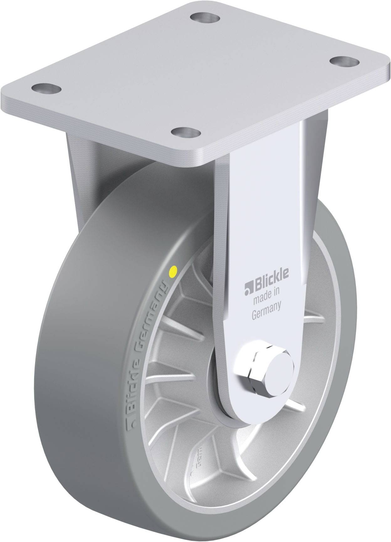 Grau-silberne Lenkrolle mit Befestigungsplatte, Seitenansicht. Aufschrift 'Blickle made in Germany' sichtbar.