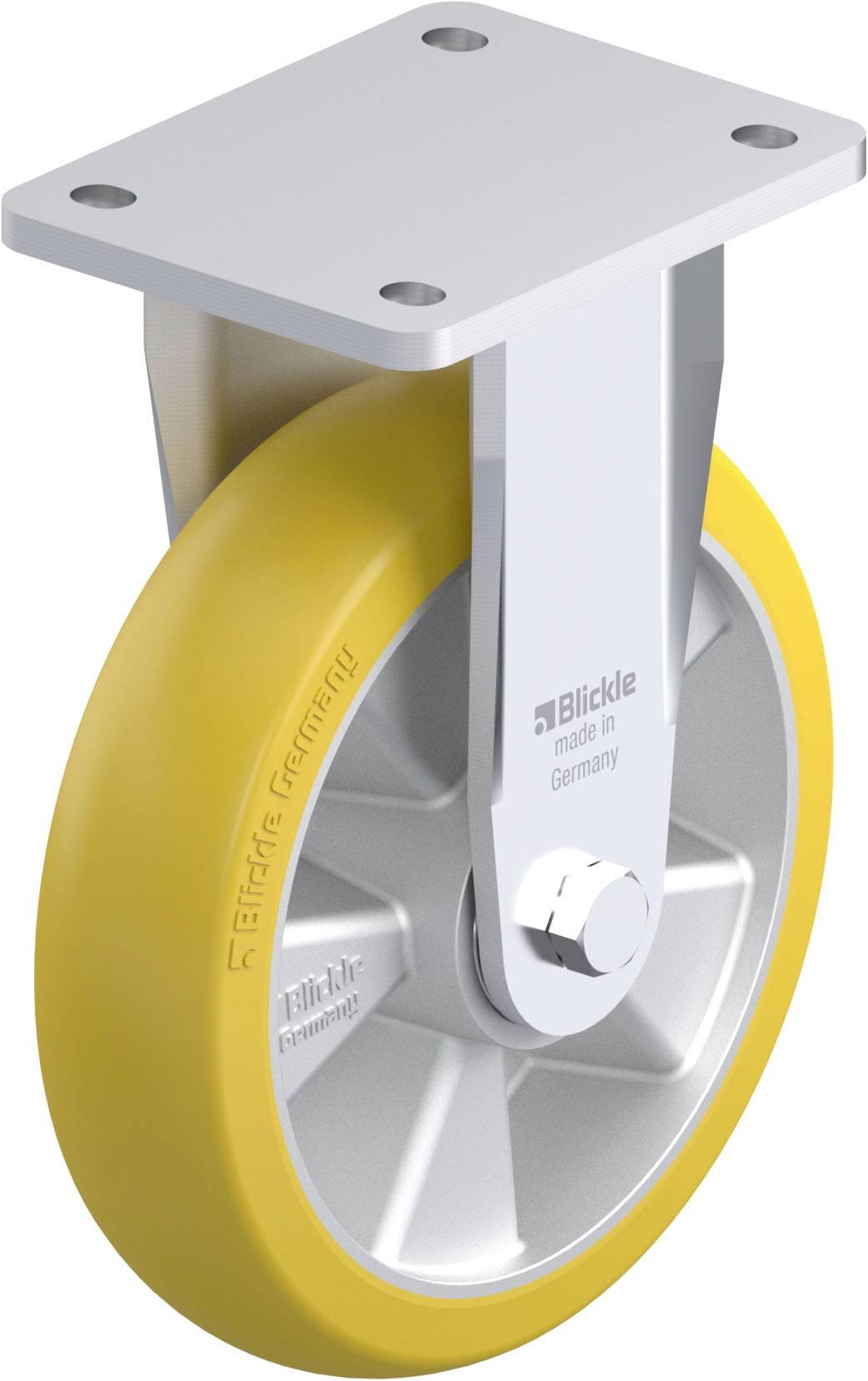 Industrie-Rad von Blickle mit gelbem Reifen und silberner Halterung. Markenname und 
