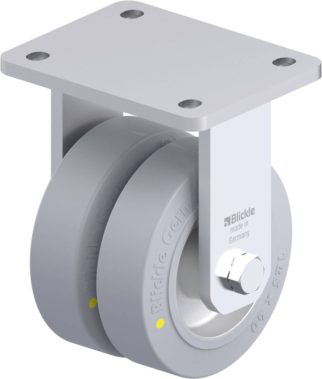 Zwei graue Rollen mit Metallhalterung für Schwerlastanwendungen. Markennamen auf dem Halter und der Radfläche zu erkennen.