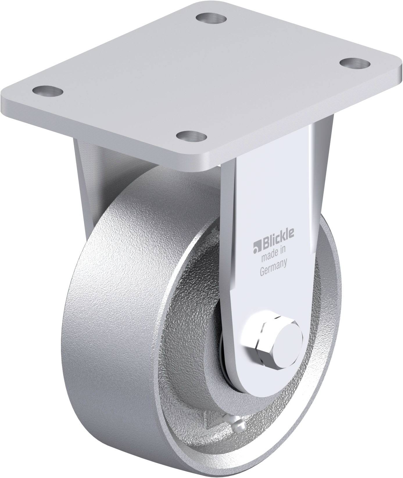 Industrie-Schwenkrolle aus Metall mit rechteckiger Befestigungsplatte, Aufdruck 'Blickle made in Germany'.