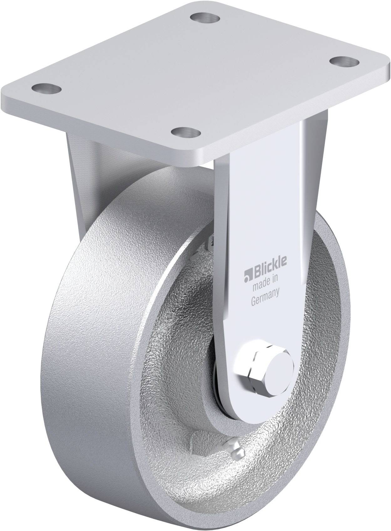 Hochbelastbares Lenkrollenrad aus Metall mit Befestigungsplatte, geeignet für industrielle Anwendungen; Aufschrift 'Blickle made in Germany'.