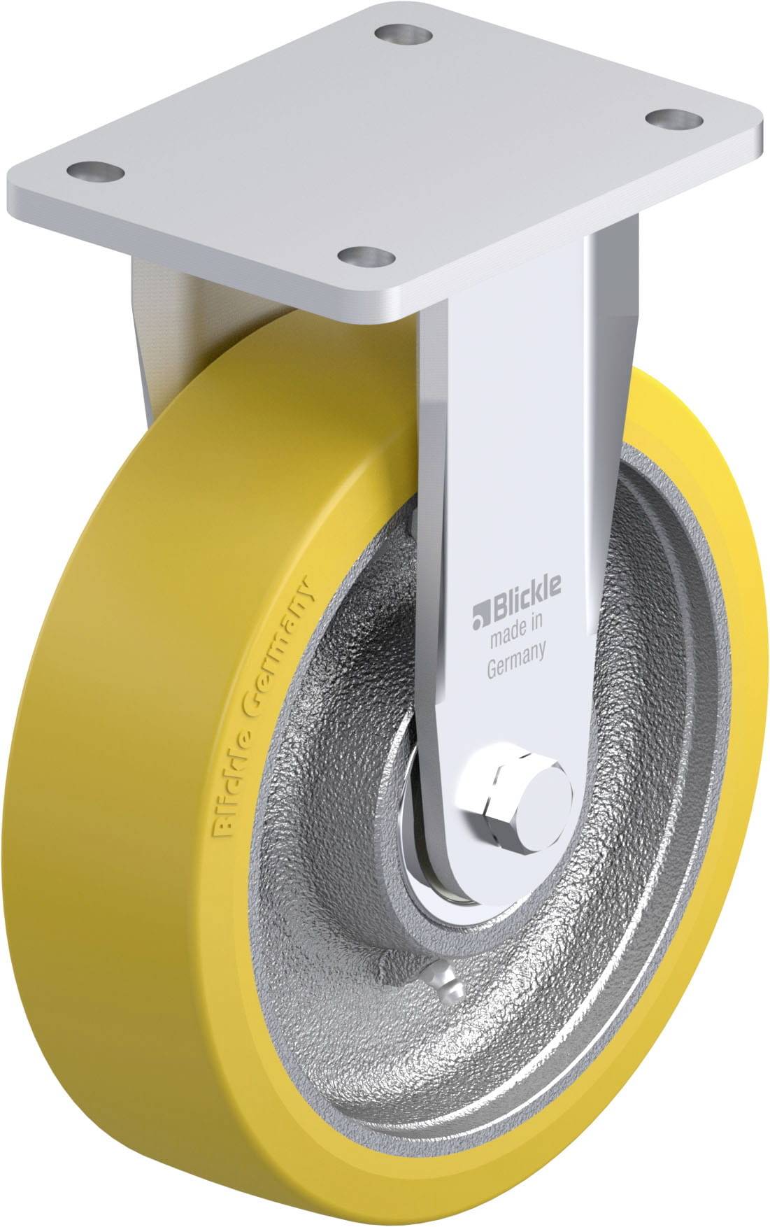 Schwerlastrolle, gelbes Rad, massives Gehäuse. Hergestellt in Deutschland.