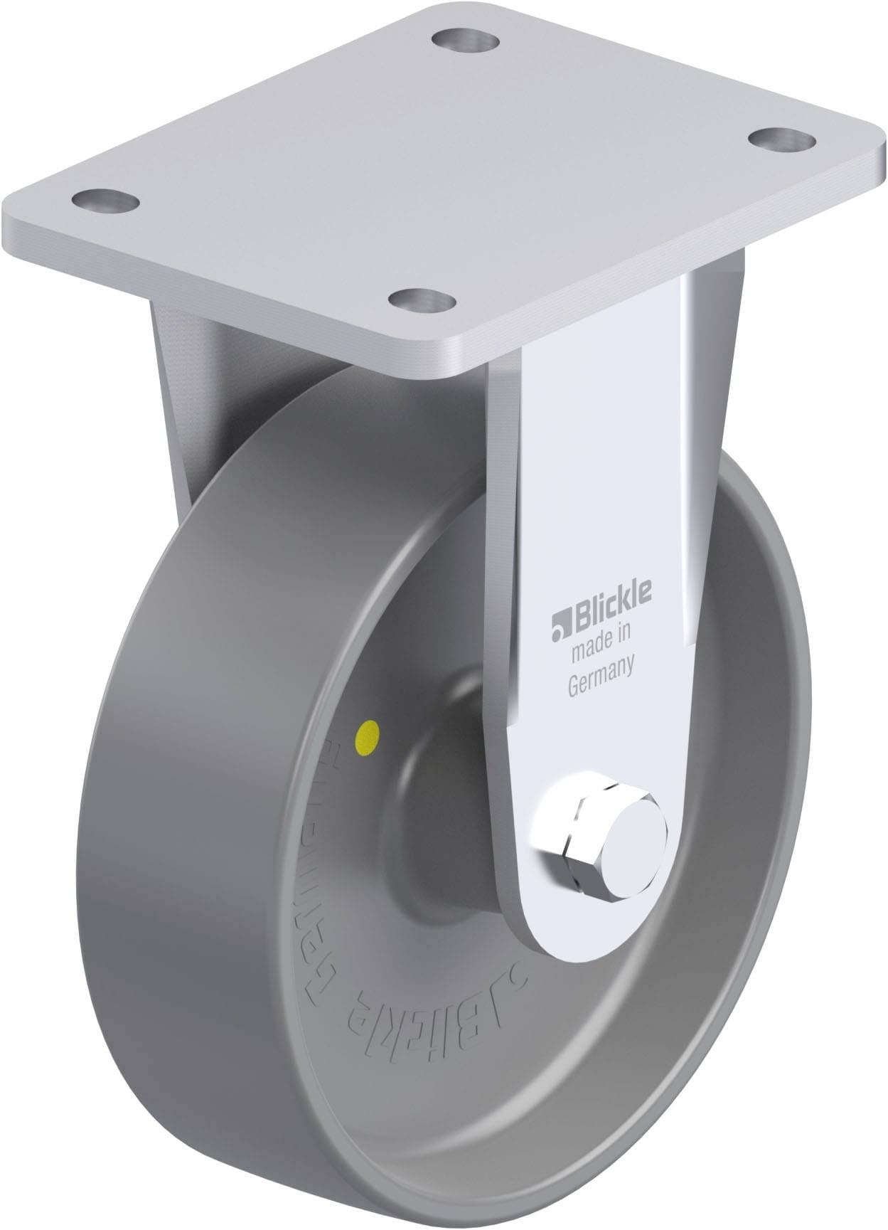 Grauer, drehbarer Lenkrollensatz aus Metall mit einem glatten Rad. Aufschrift: 'Blickle'. Hergestellt in Deutschland.