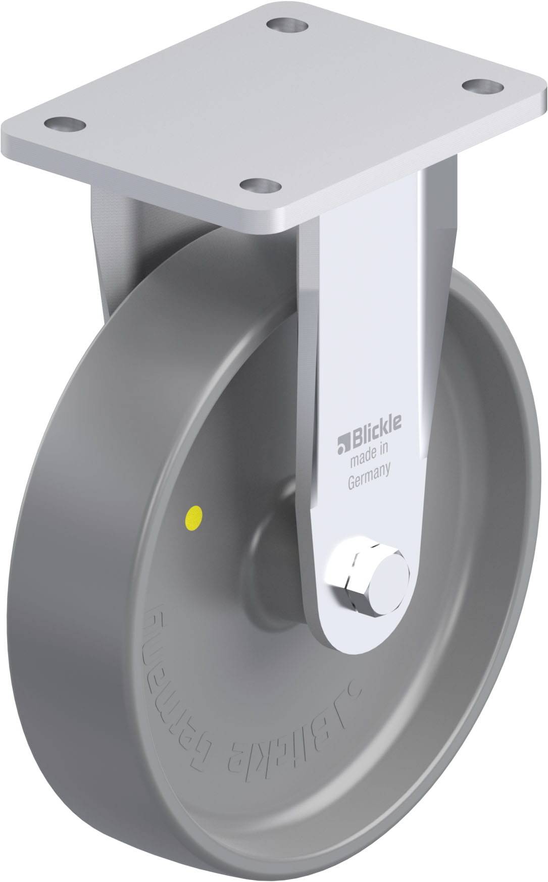 Industrie-Schwenkrolle mit grauem Rad und silbernem Befestigungsblech, geeignet für schwere Lasten. Beschriftung: 'Blickle made in Germany'.