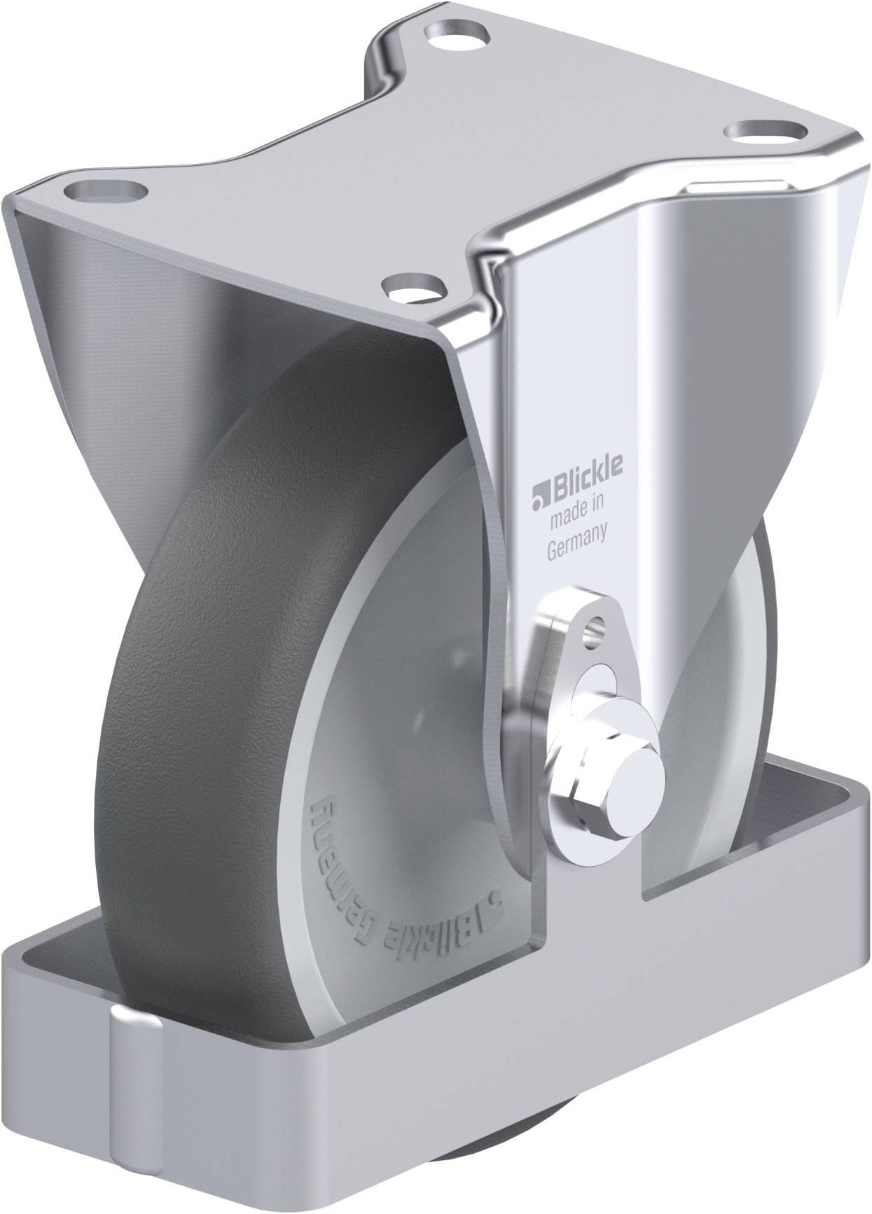 Schwenkrolle aus Metall mit grauem Rad, Aufschrift: 'Blickle, made in Germany'. Industrielles Design, geeignet für schwere Lasten.