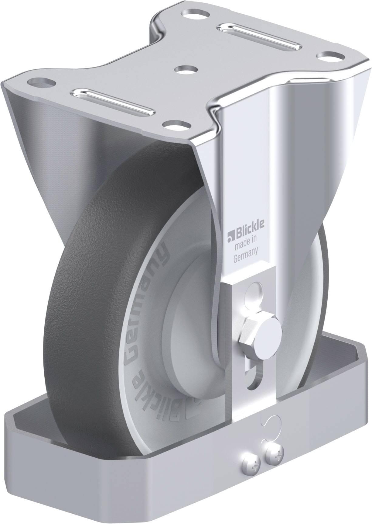 Industrierolle aus Metall mit schwarzem Gummi, hergestellt in Deutschland. Markenname sichtbar, robustes Design für schwere Lasten.