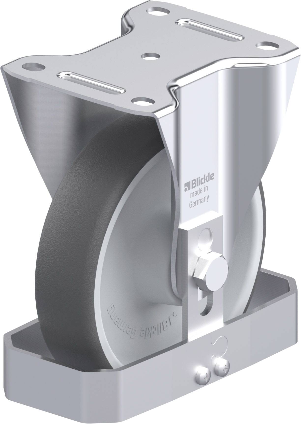 Industrie-Rollenhalter mit massivem Rad, glänzende Metalloberfläche, graviert mit 'made in Germany'. Geeignet für schwere Lasten.