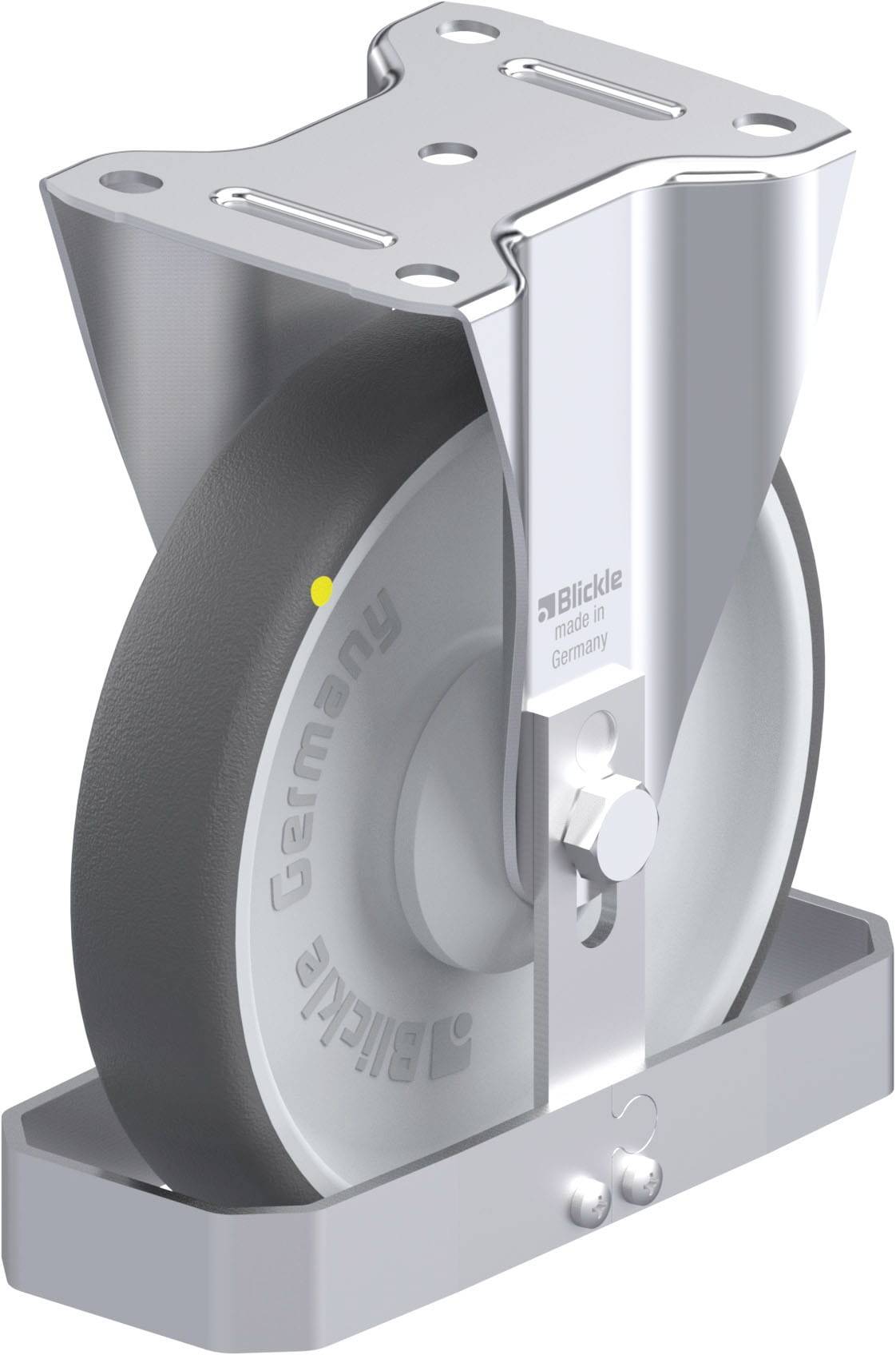 Ein silbernes Rad mit Halterung, geeignet für schwere Lasten, trägt die Aufschrift 'Blickle Germany'.