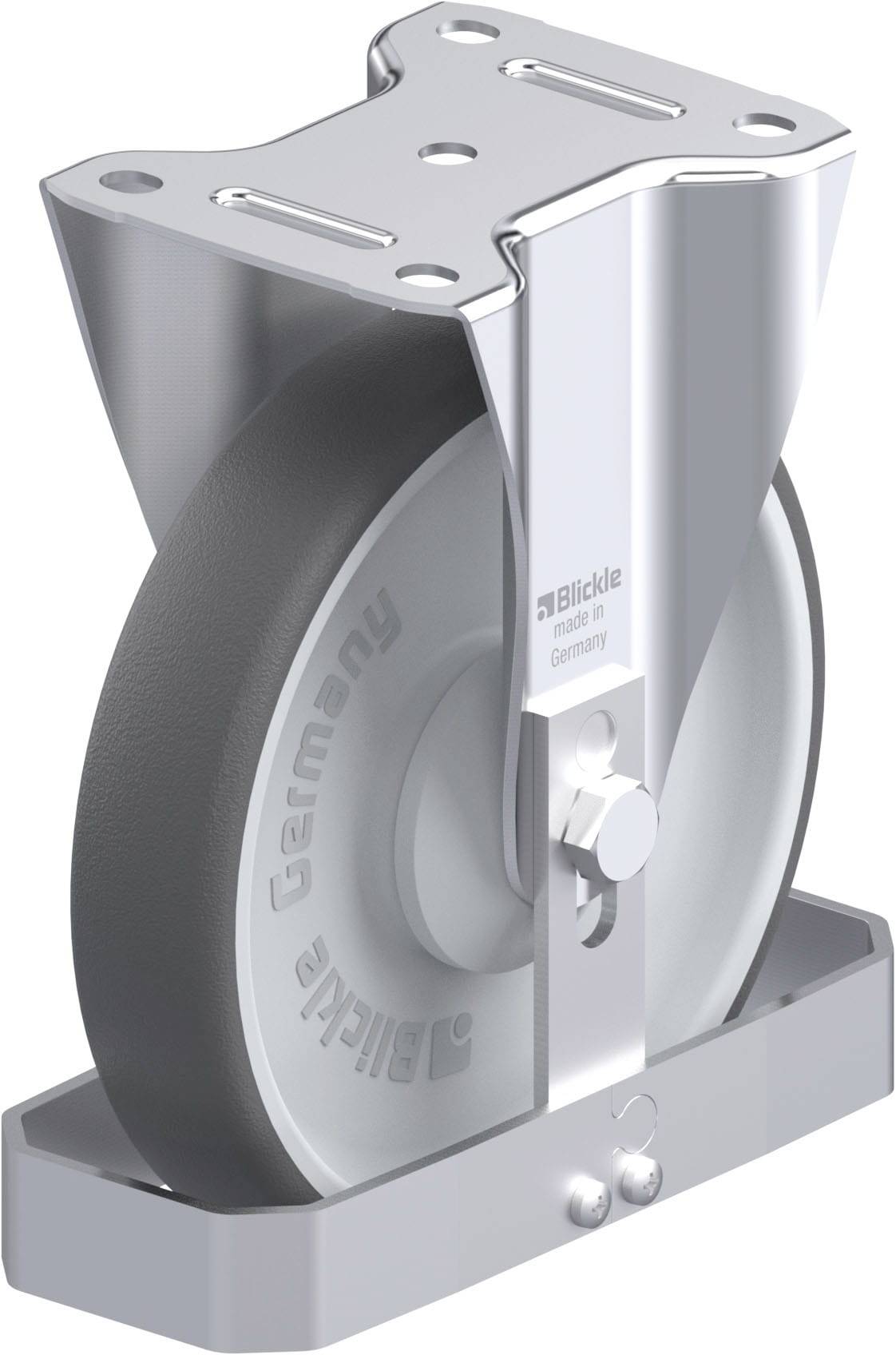 Industrie-Schwenkrolle mit Metallhalterung und Hartgummi-Rad, robustes Design für schwere Lasten, seitlich montiert.