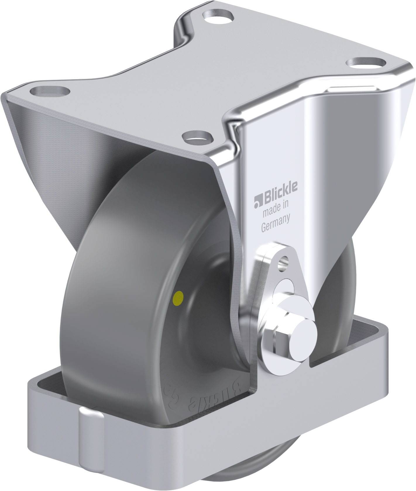 Schwenkrolle mit Metallplatte und Schraube, hergestellt in Deutschland, gebrandet als Blickle.