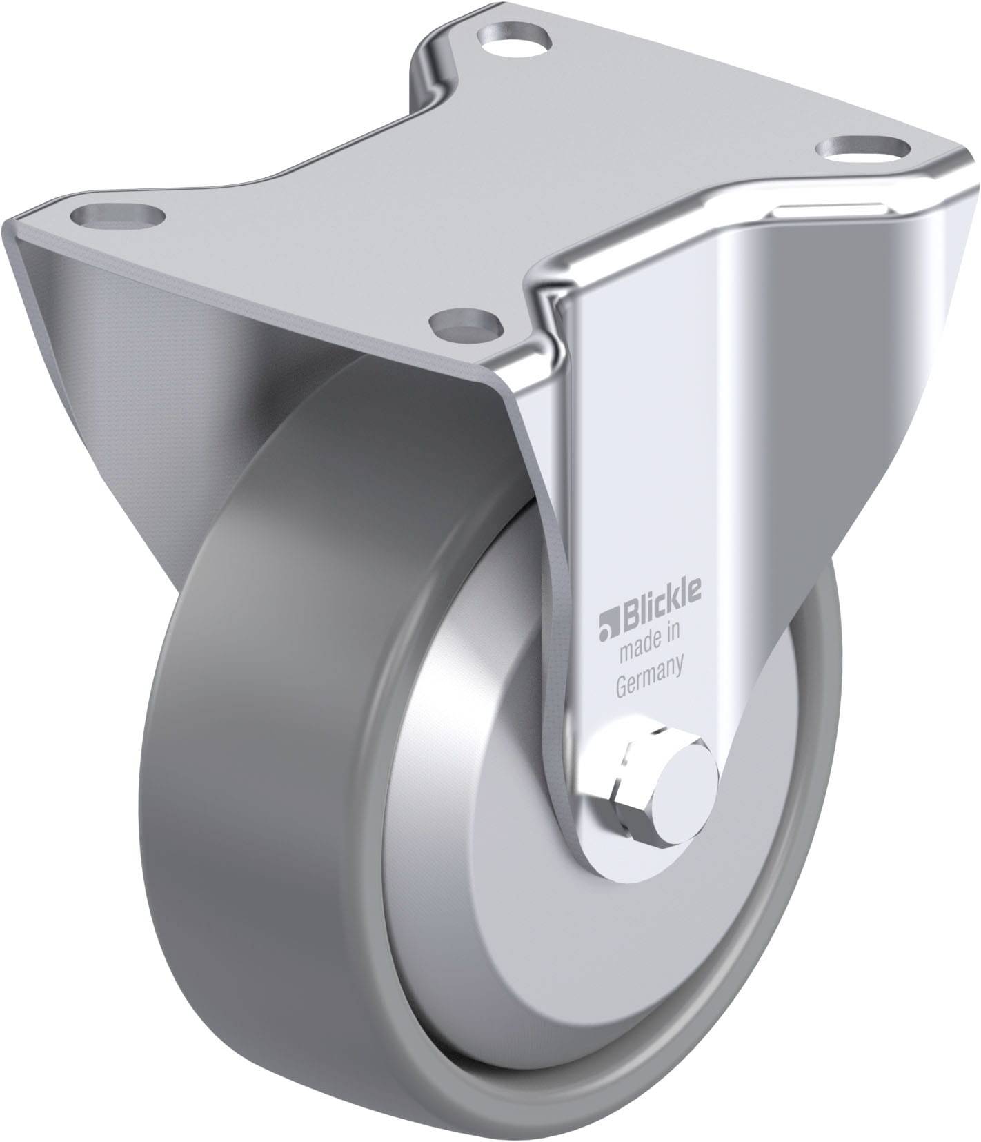 Eine robuste Lenkrolle aus Metall mit grauem Rad und quadratischer Befestigungsplatte, hergestellt in Deutschland von Blickle.