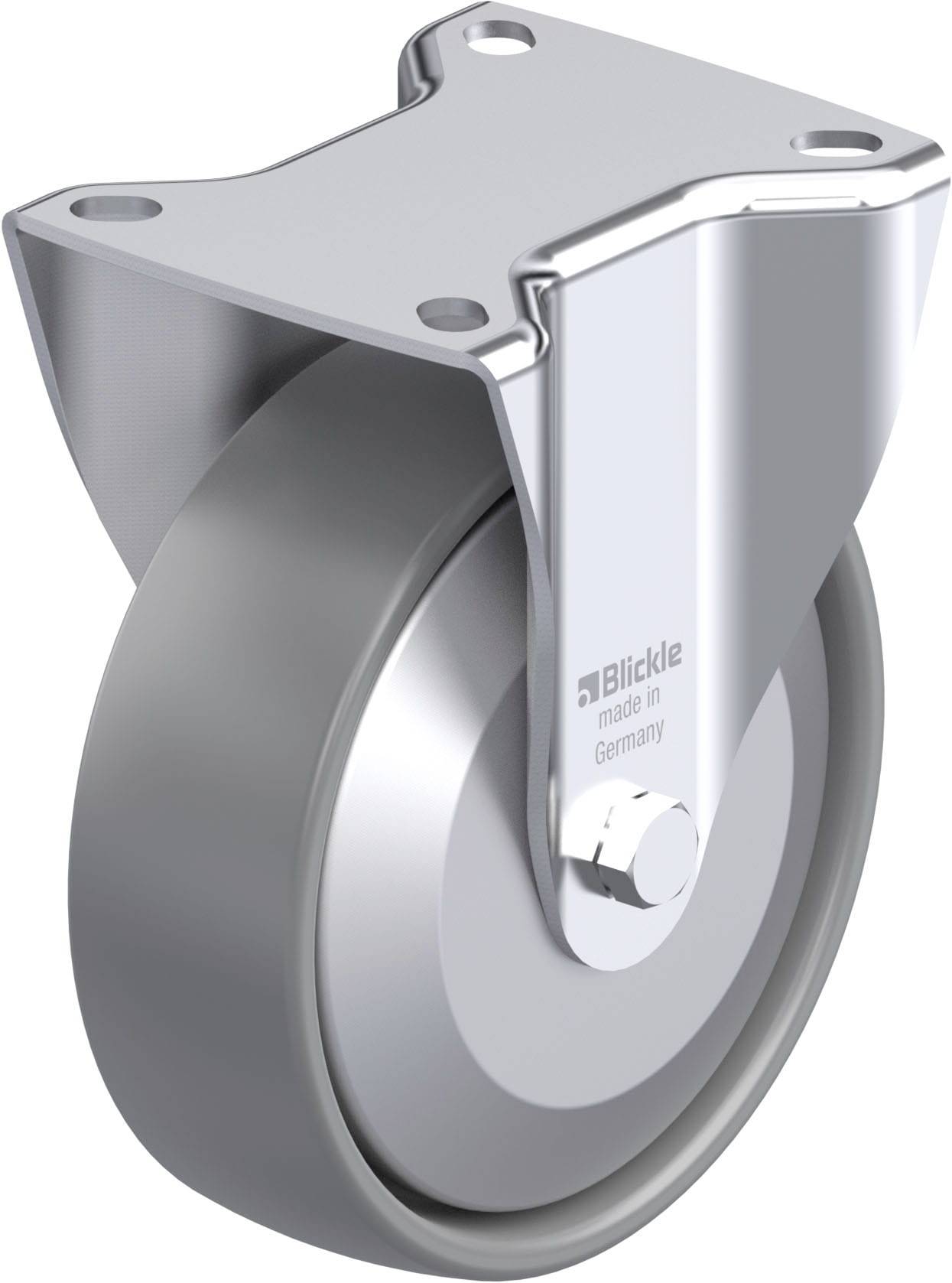 Industrie-Rolle aus Metall mit einem Befestigungsblech, markiert mit 'Blickle made in Germany'.