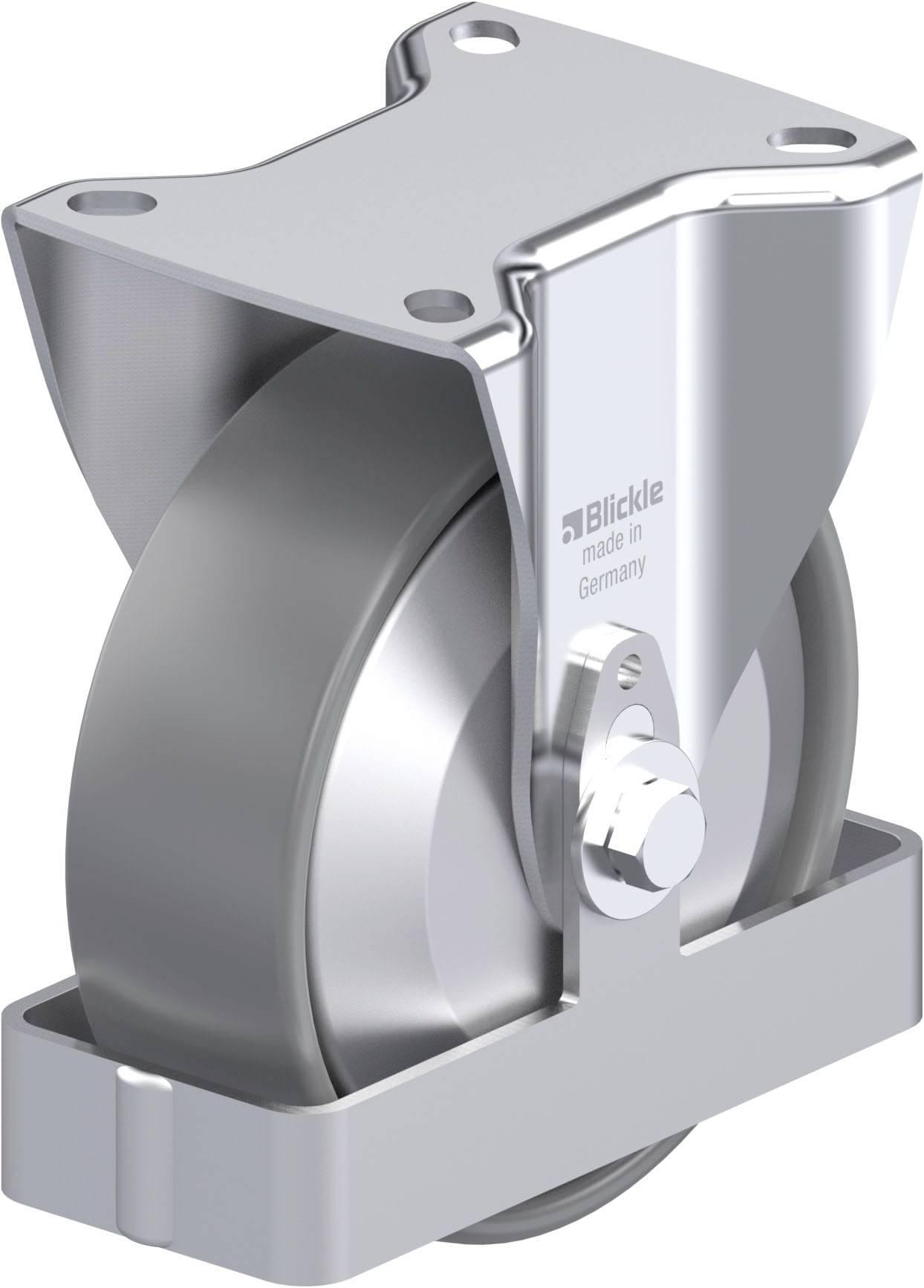 Industrie-Lenkrolle mit silbernem Gehäuse und Metallrad, montiert auf einem rechteckigen Objekt. Aufschrift: 'Blickle, made in Germany'.