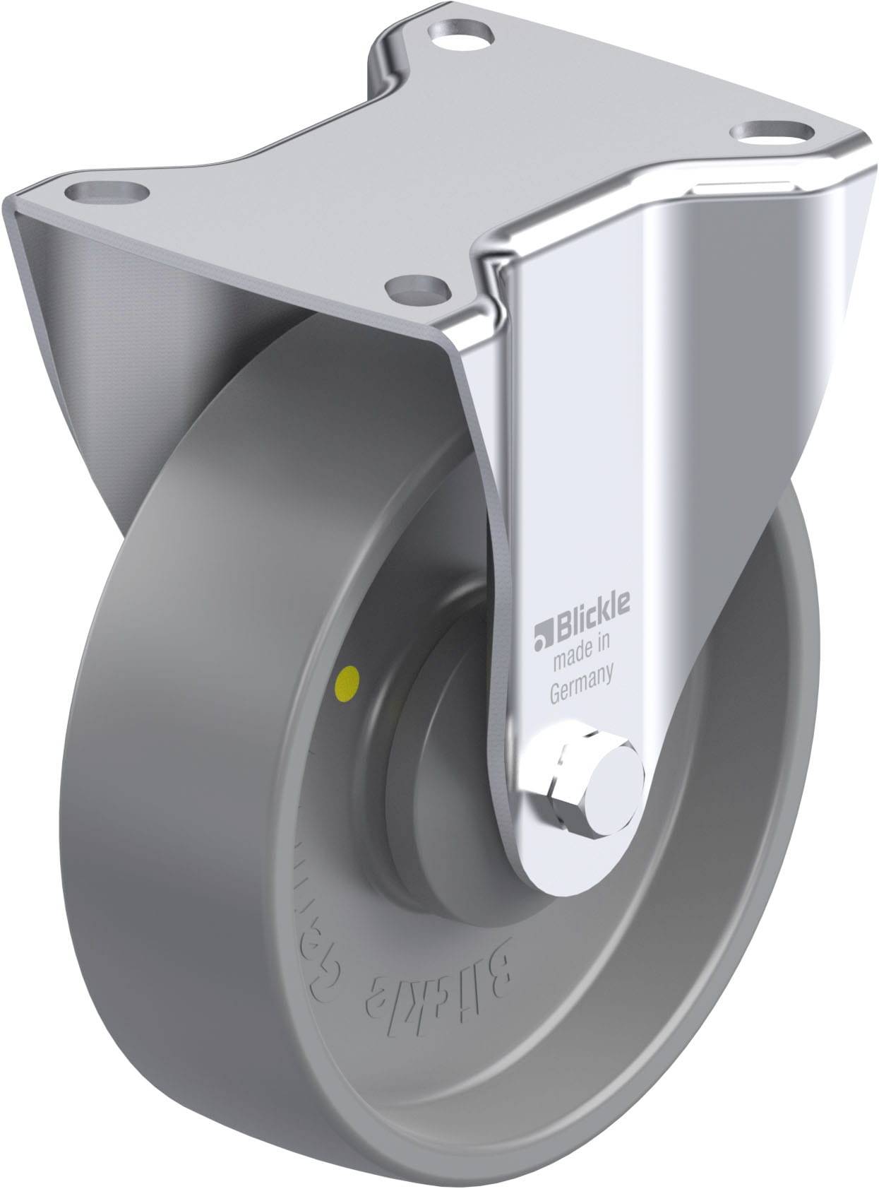 Schwenkrolle aus Metall und Kunststoff mit Befestigungsplatte. Aufschrift 'Blickle, made in Germany'. Geeignet für Möbel oder Wagen.