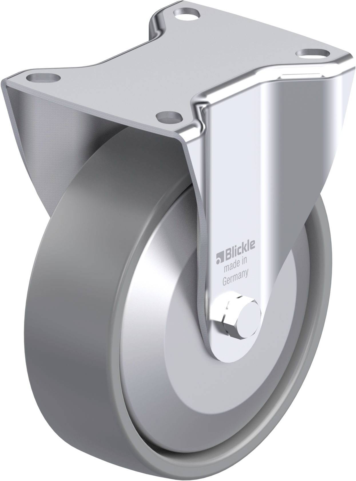 Eine silberne Metallrolle mit Befestigungsplatte, hergestellt von 'Blickle' in Deutschland.