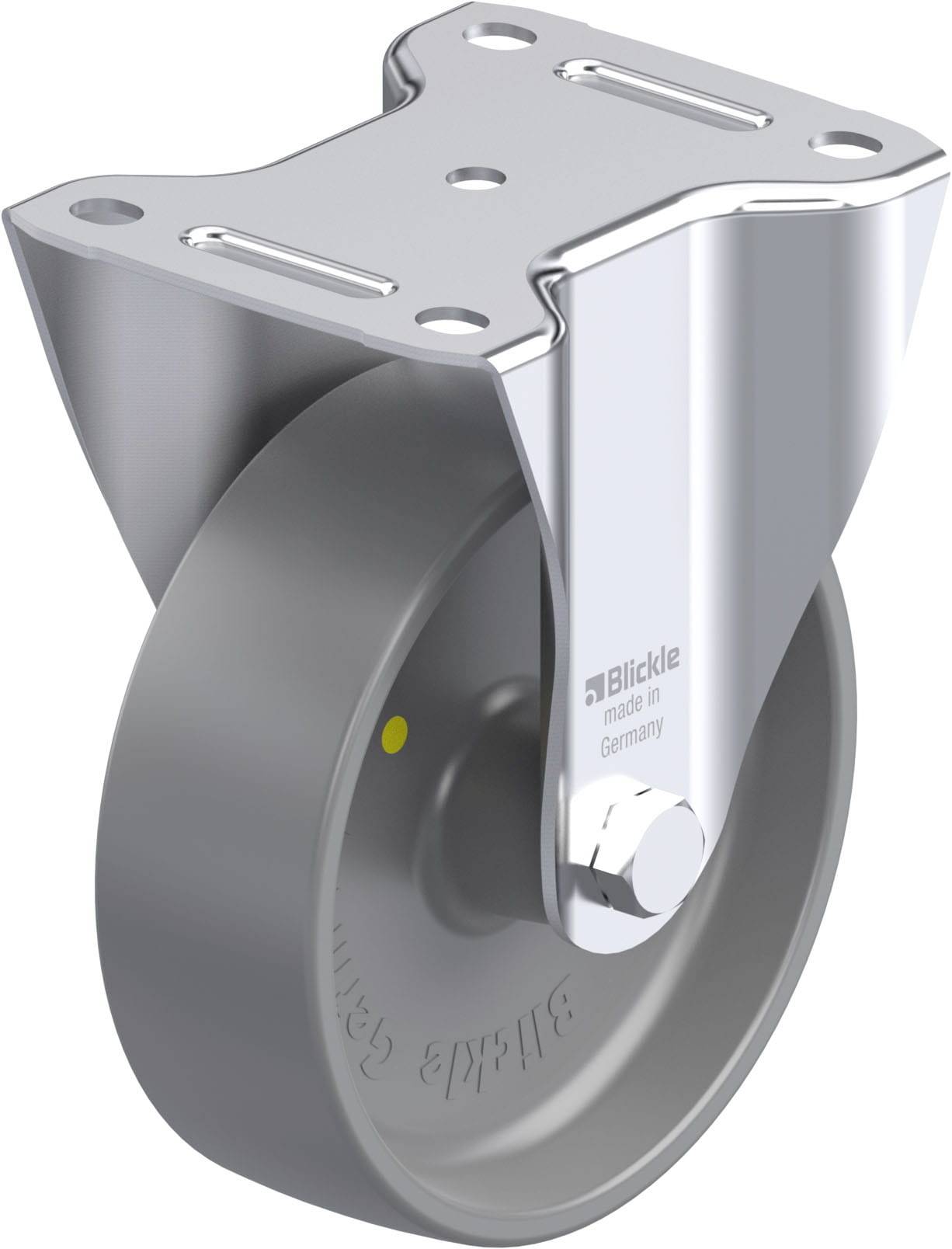 Industrie-Lenkrolle aus Metall mit grauem Rad und glänzendem Gehäuse, Aufdruck 'Blickle' auf Schraube, geeignet für schwere Geräte.