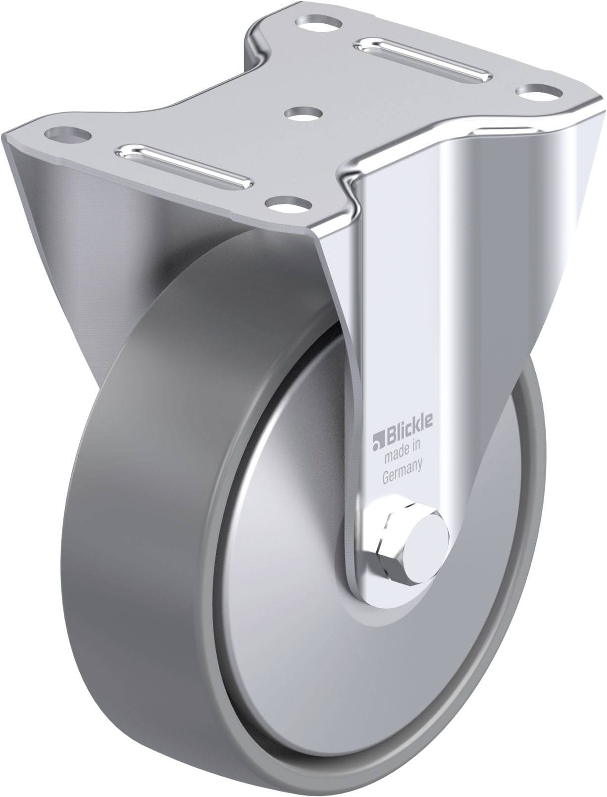 'Metallenes Rad mit Halterung, glatt poliert. Auf der Halterung steht 