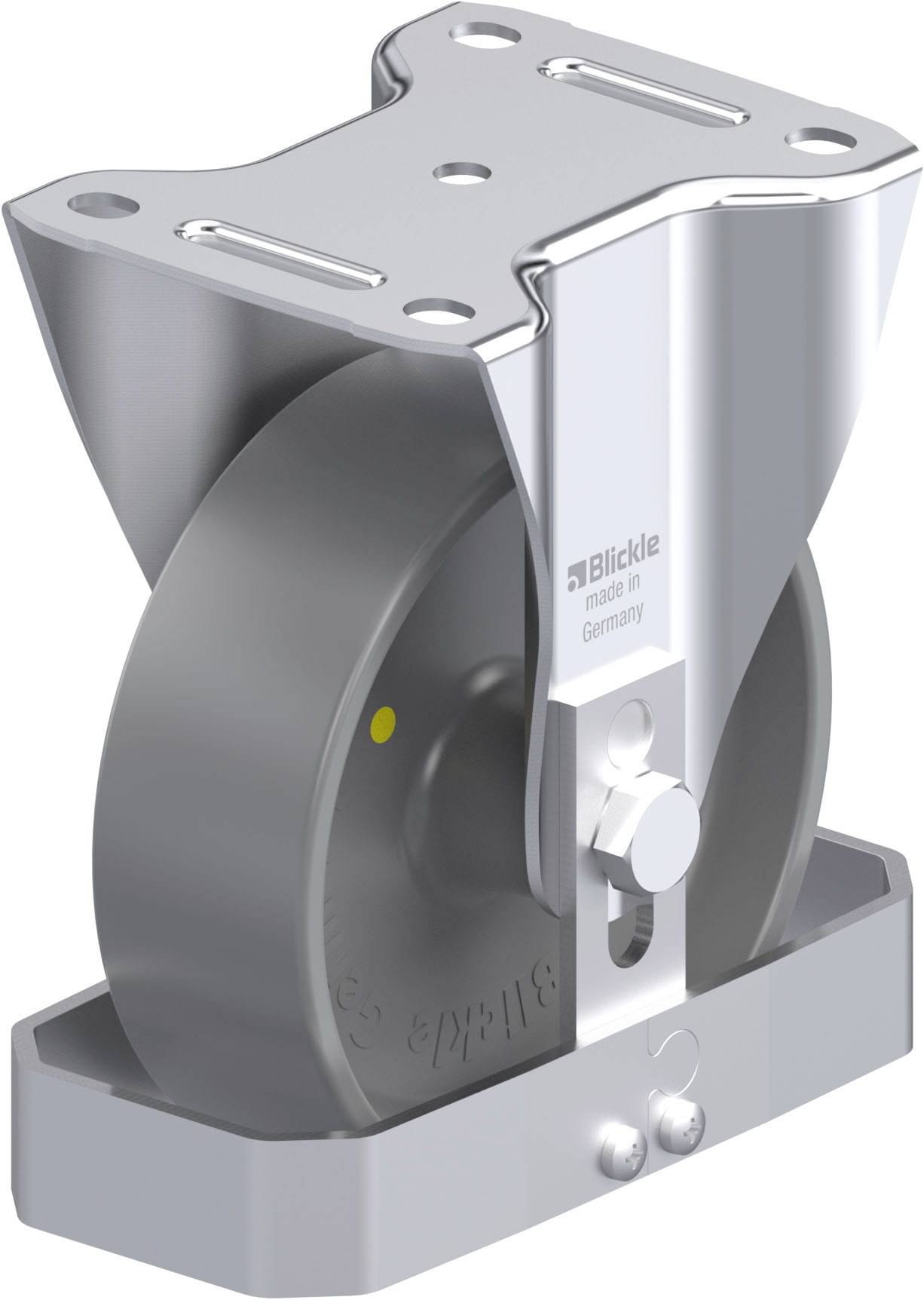 Industrie-Rollenhalterung aus Metall mit montiertem Rad, seitlich sichtbar. Text auf dem Rad: 'Blickle - made in Germany'.