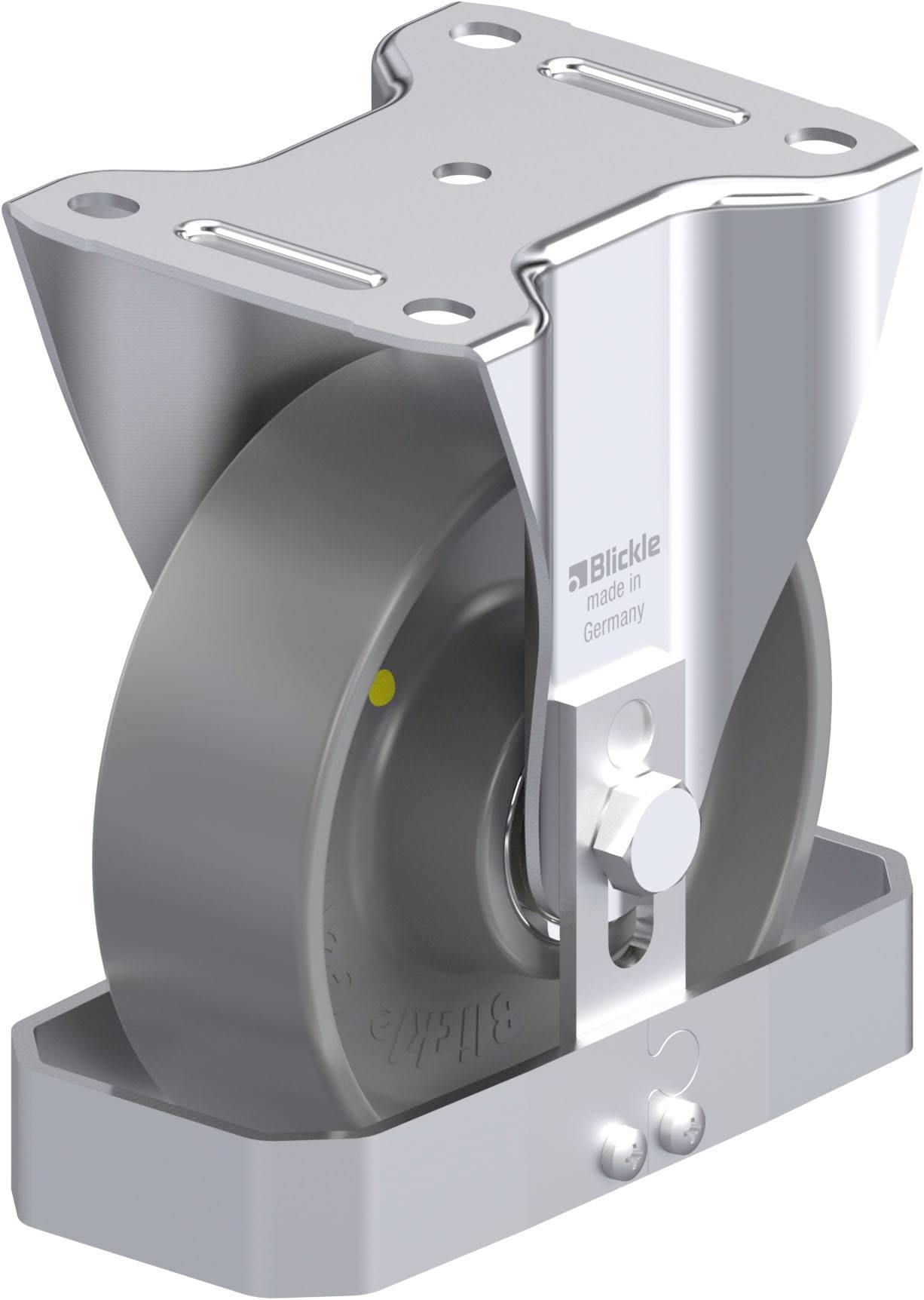 Lenkrolle aus Metall mit festem Rad. Beschriftet mit Blickle, Made in Germany.