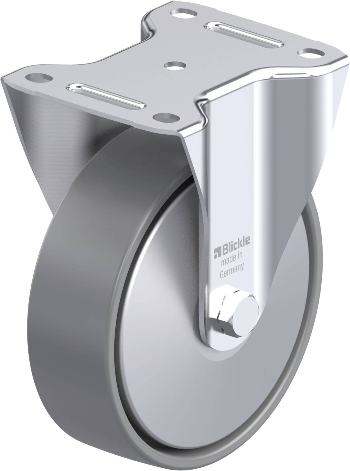 Schwenkrolle aus Metall mit runder, grauer Lauffläche und Befestigungsplatte. Aufschrift 'Blickle made in Germany'.