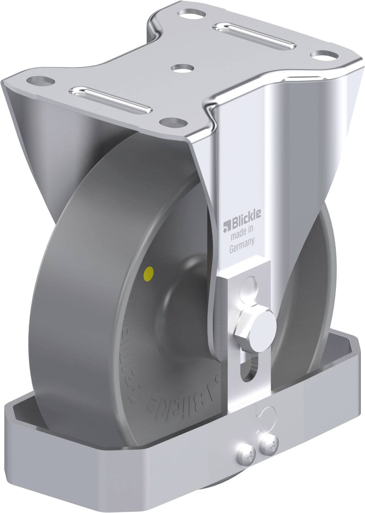 Industrielle Schwerlastrolle aus Metall und Kunststoff mit silberner Halterung und grauem Rad, hergestellt in Deutschland.