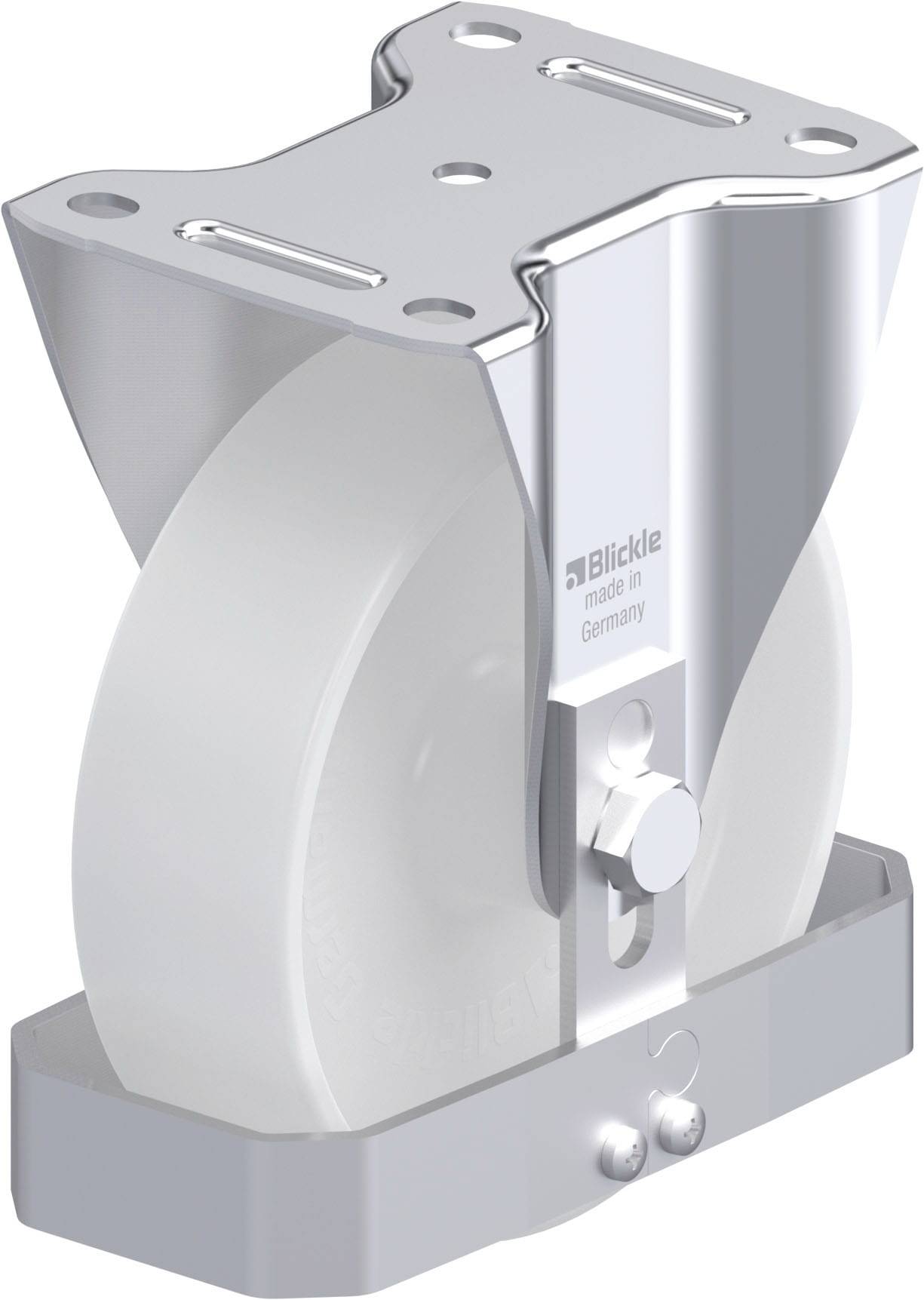 Schwenkrolle mit weißem Rad und glänzendem Metallgehäuse, auf einer flachen Metallplatte montiert.