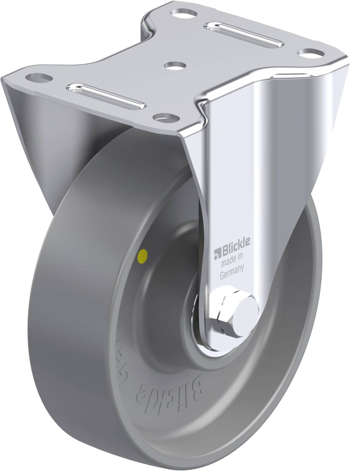 Graue Rolle aus Kunststoff mit Metallhalterung und Stopmechanismus, Beschriftung „Blickle made in Germany“ erkennbar.