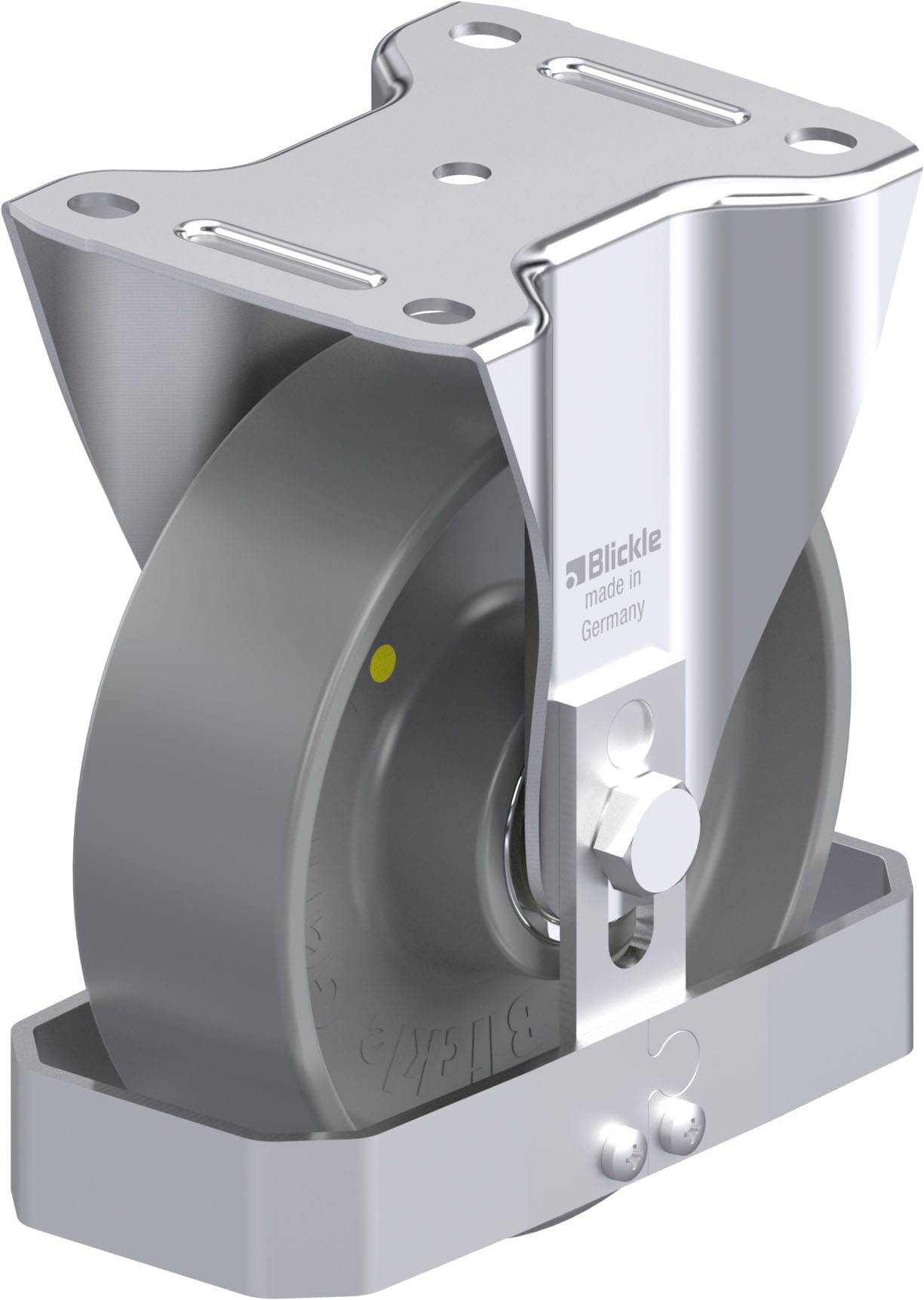 Industrie-Rolle aus Metall mit Gummirad und Halterung, hergestellt von 'Blickle'. Gezeigt in einer Seitenansicht.