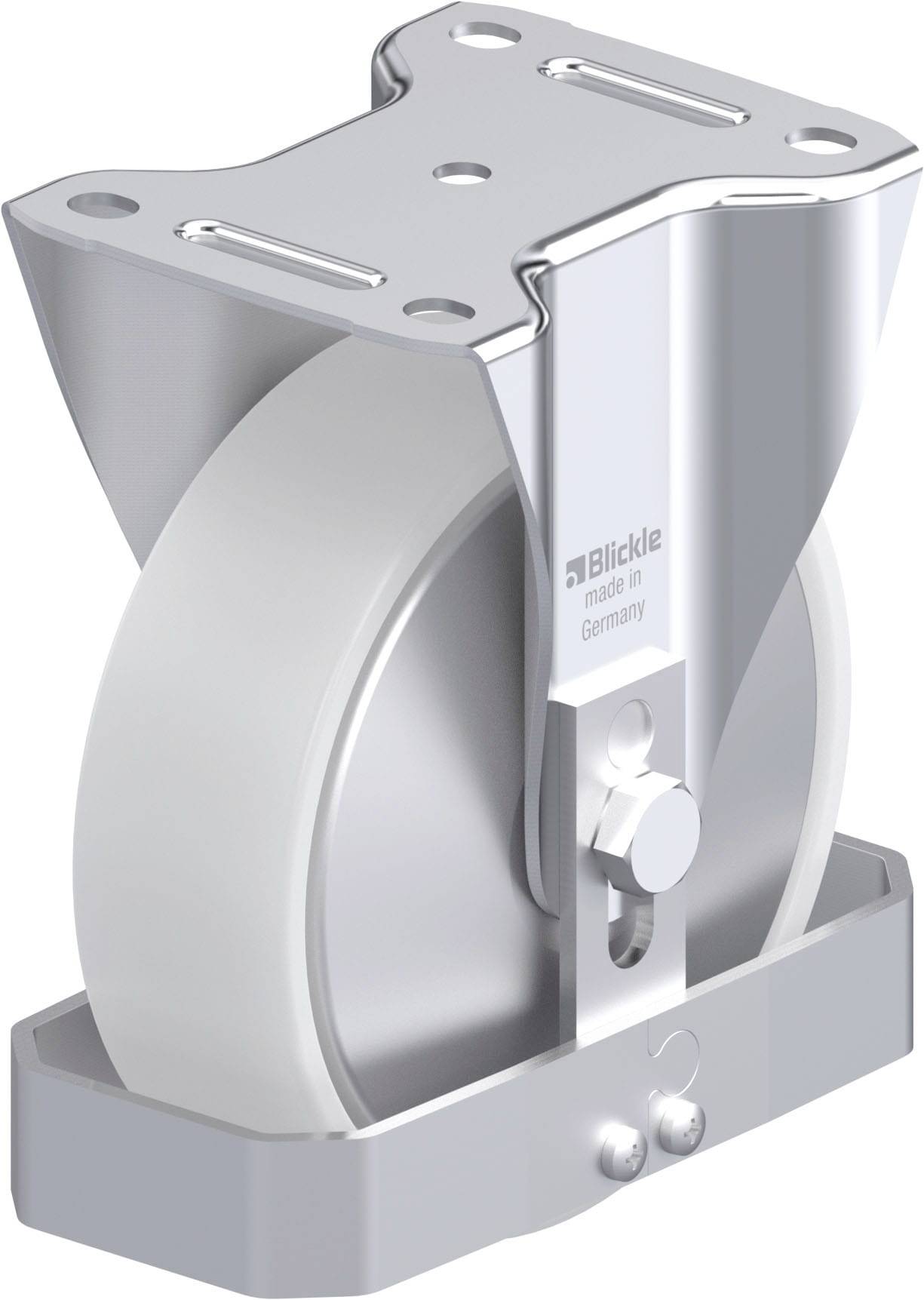 Metallrad mit Halterung, geeignet für schwere Lasten. Das Bild zeigt ein industrielles Design mit der Aufschrift 'Blickle made in Germany'.