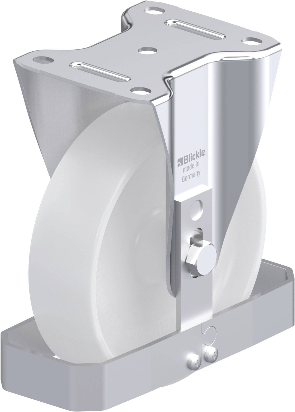 Schwerlastrolle aus Metall und Kunststoff, mit Befestigungsplatte und Drehmechanismus. Hergestellt in Deutschland.