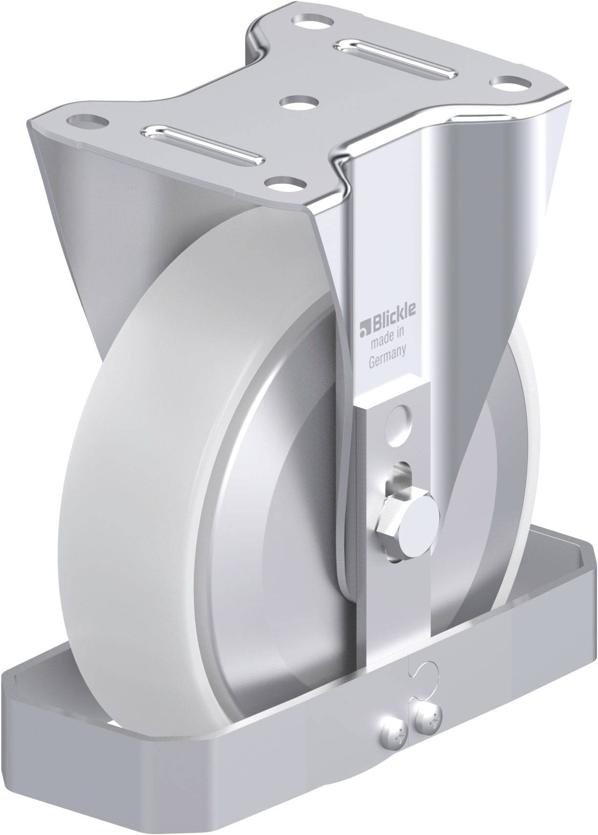 Industrie-Rollenhalterung mit weißem Rad, robustem Gehäuse und Befestigungsplatte; geeignet für schwere Lasten und industrielle Anwendungen.