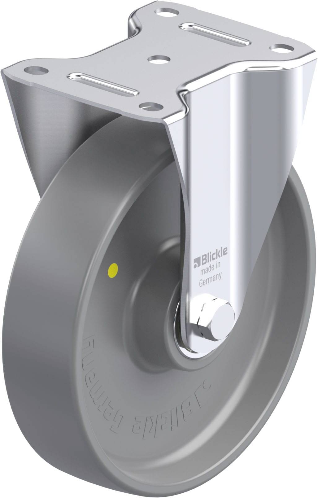 Graue Bockrolle aus Metall mit glattem Rad und glänzender Halterung, geeignet zum Befestigen an Möbeln oder Geräten.