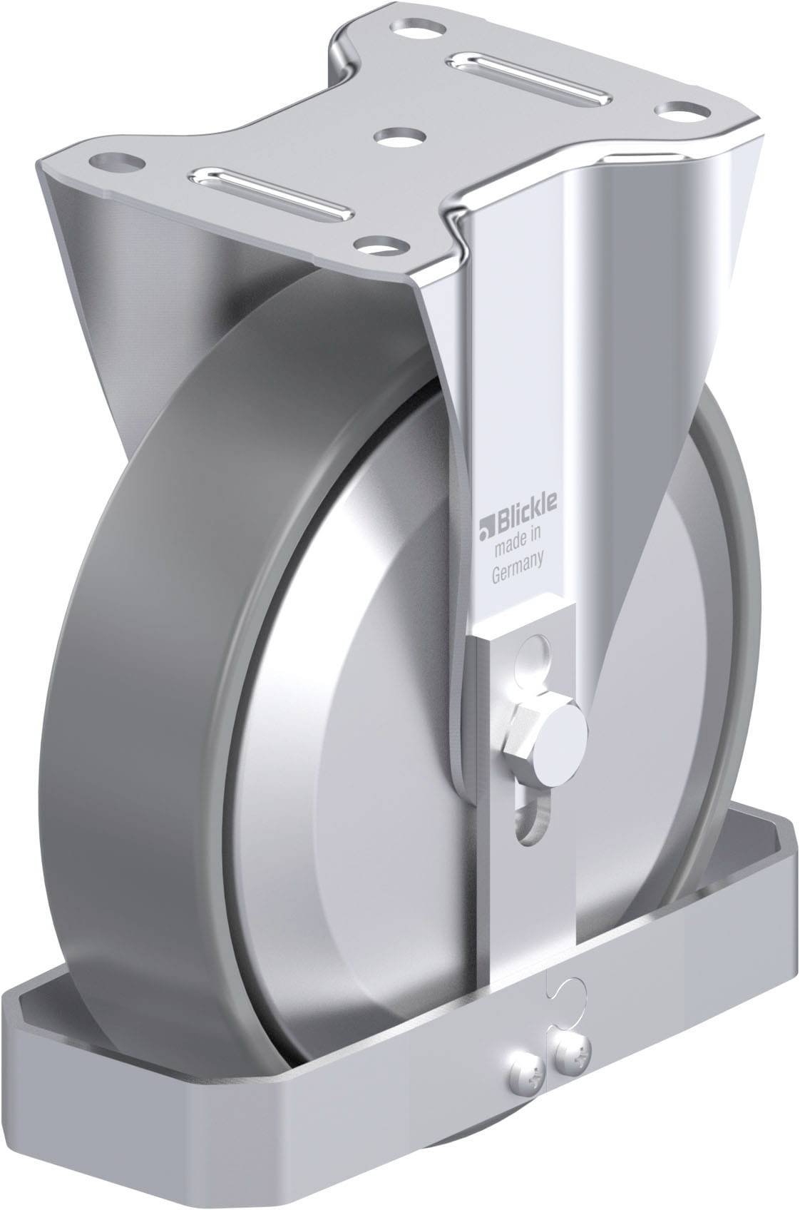 Industrie-Schwerlastrad aus Metall, bestehend aus einer massiven Radachse und verstärkter Halterung, geeignet für hohe Belastungen.