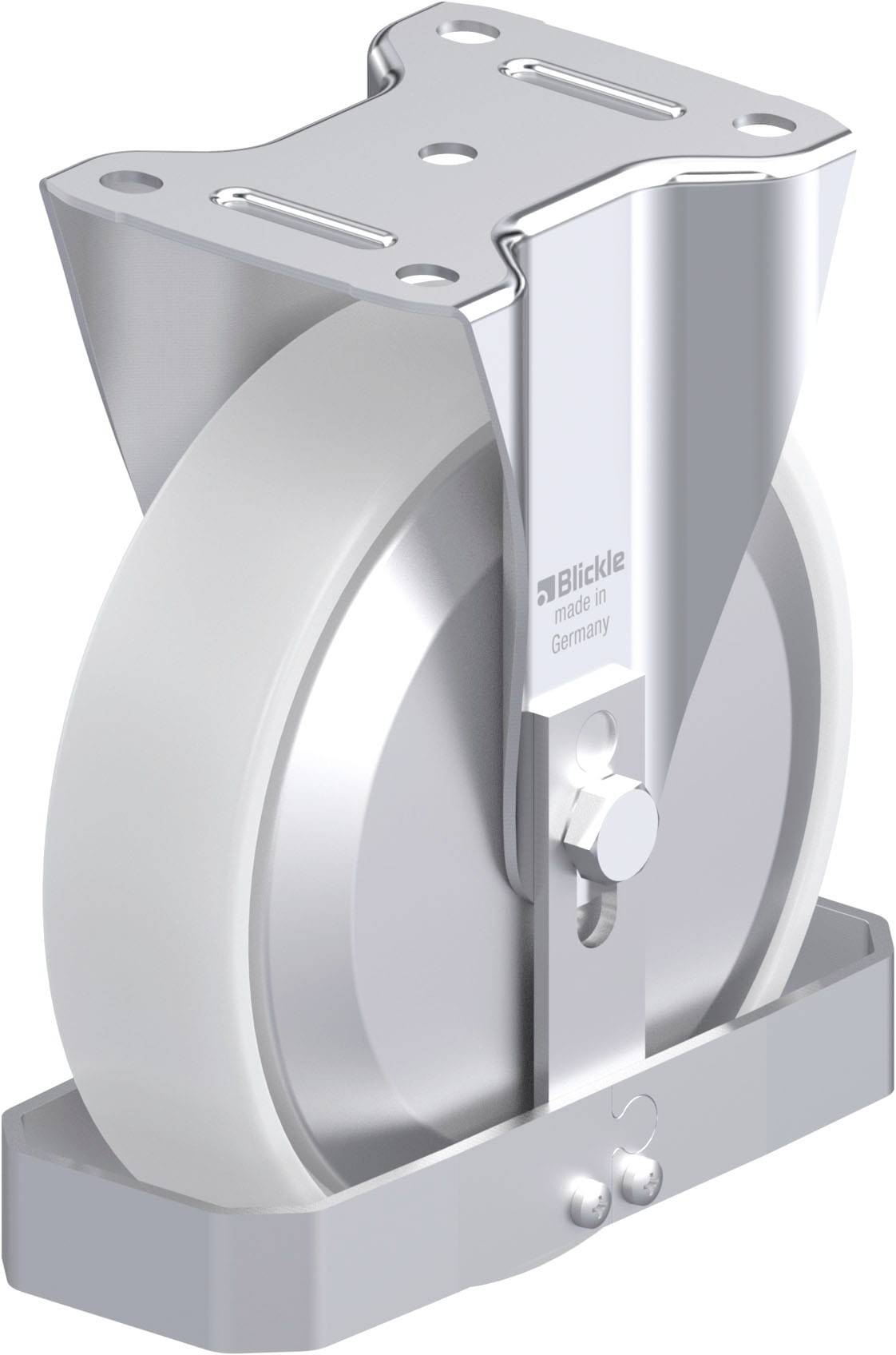 Großes, silbernes Laufrollenrad mit Halterung aus Metall, geeignet für Schwerlastanwendungen, Markentext 'Blickle' erkennbar.