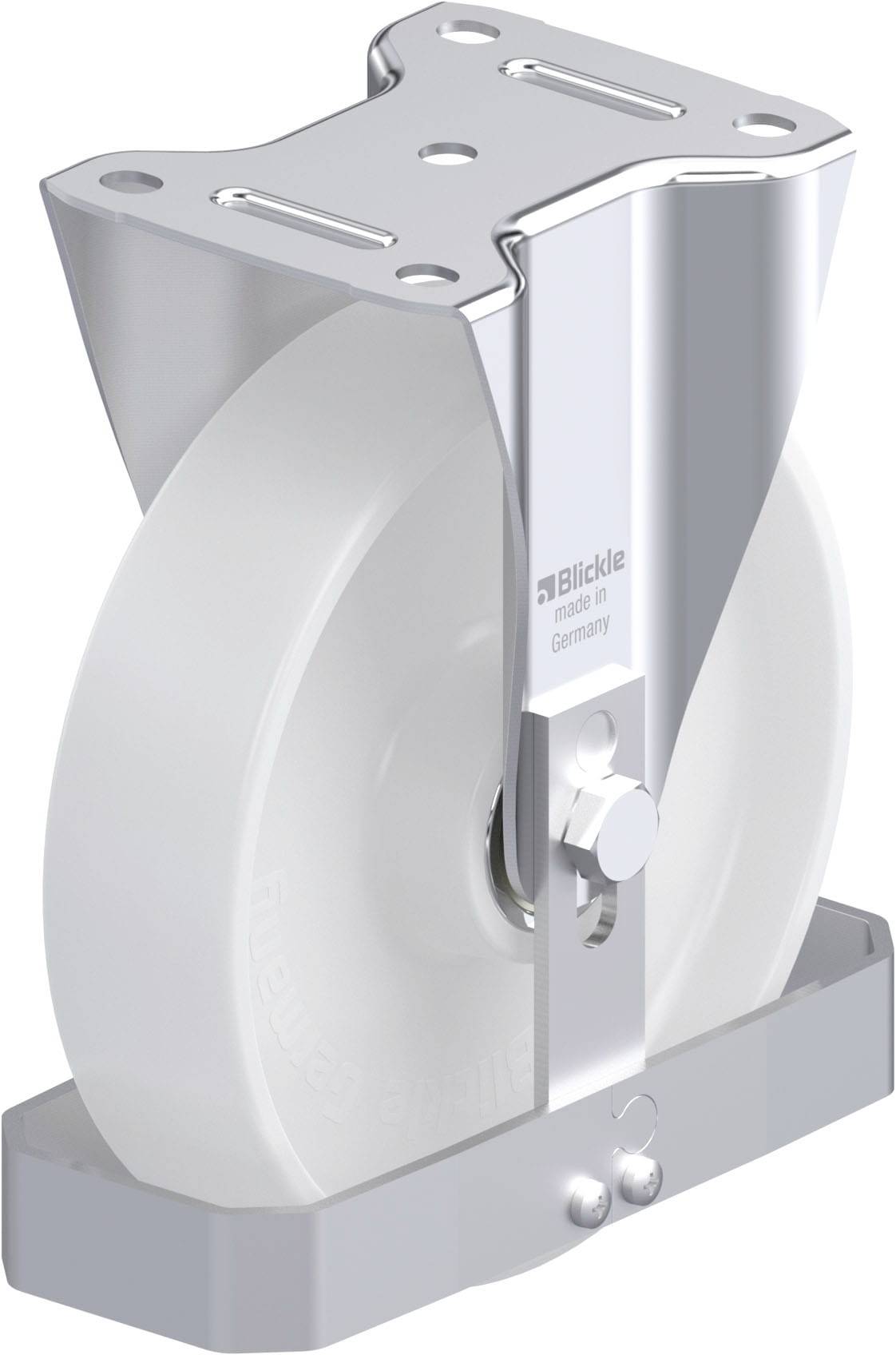 Weiße Rolle mit Metallhalterung, geeignet für schwere Lasten. Auf der Halterung steht 'Blickle made in Germany'.
