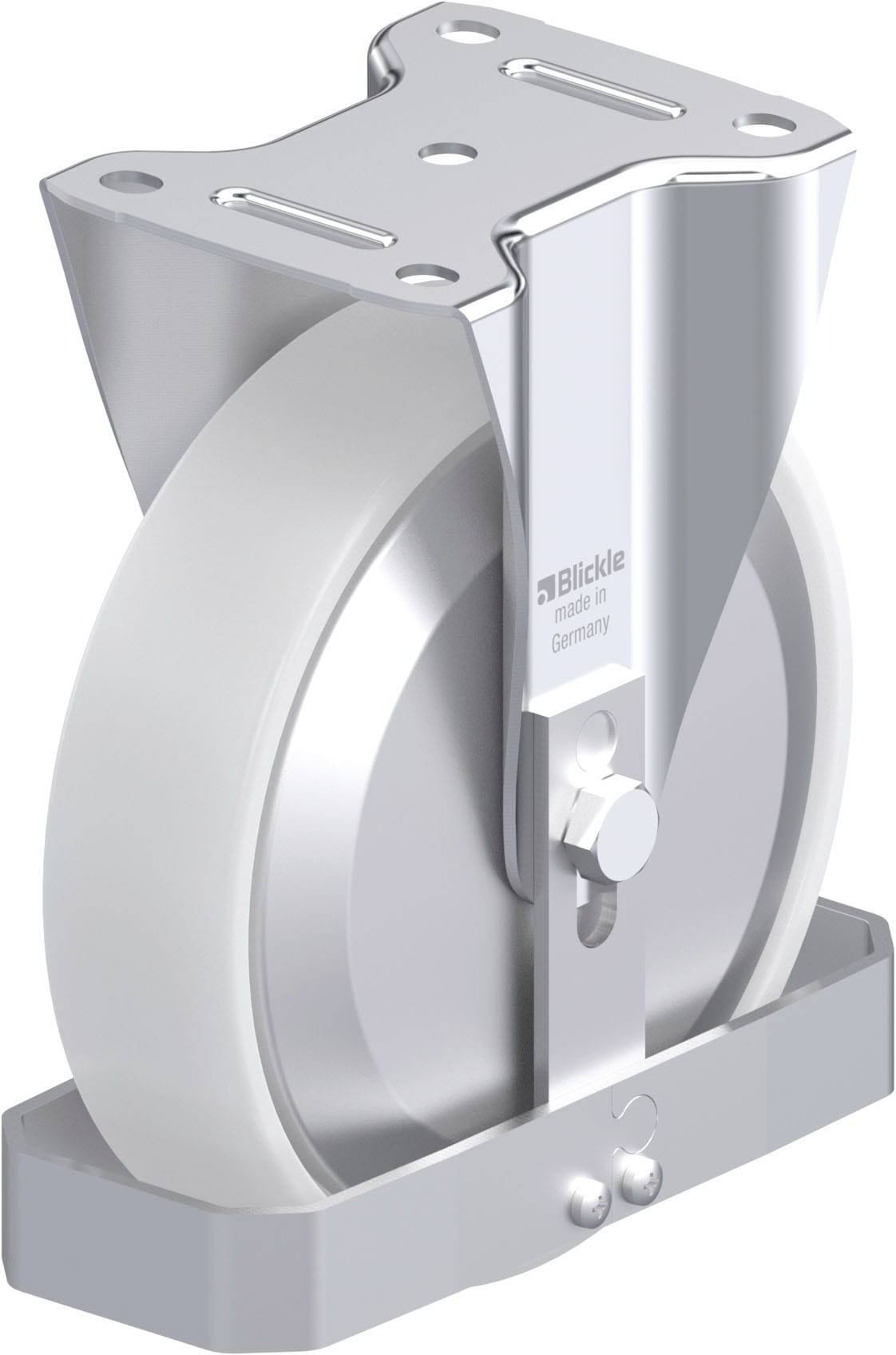 Industrie-Rad aus Metall und Kunststoff mit Halterung, typischerweise verwendet für schwere Lasten auf glatten Oberflächen.