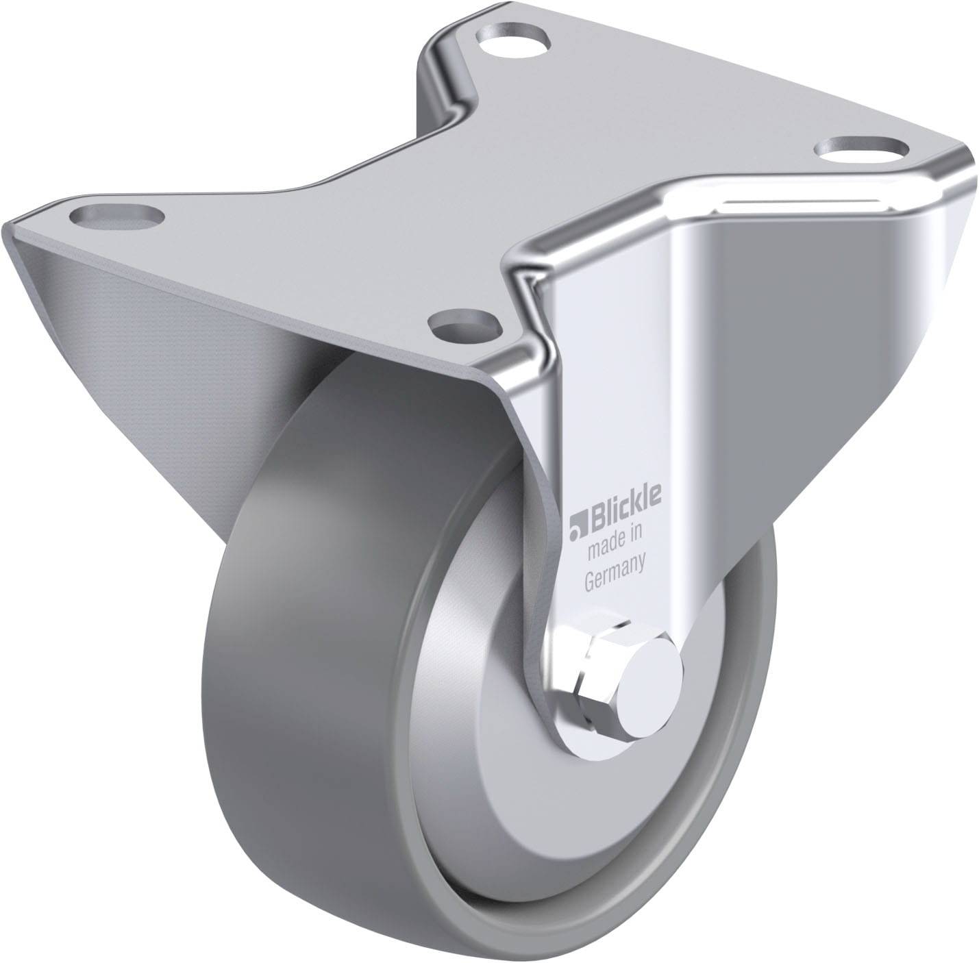 Industrie-Rolle aus Metall mit Befestigungselement, glänzende Oberfläche. Markierung zeigt 'Blickle made in Germany'.