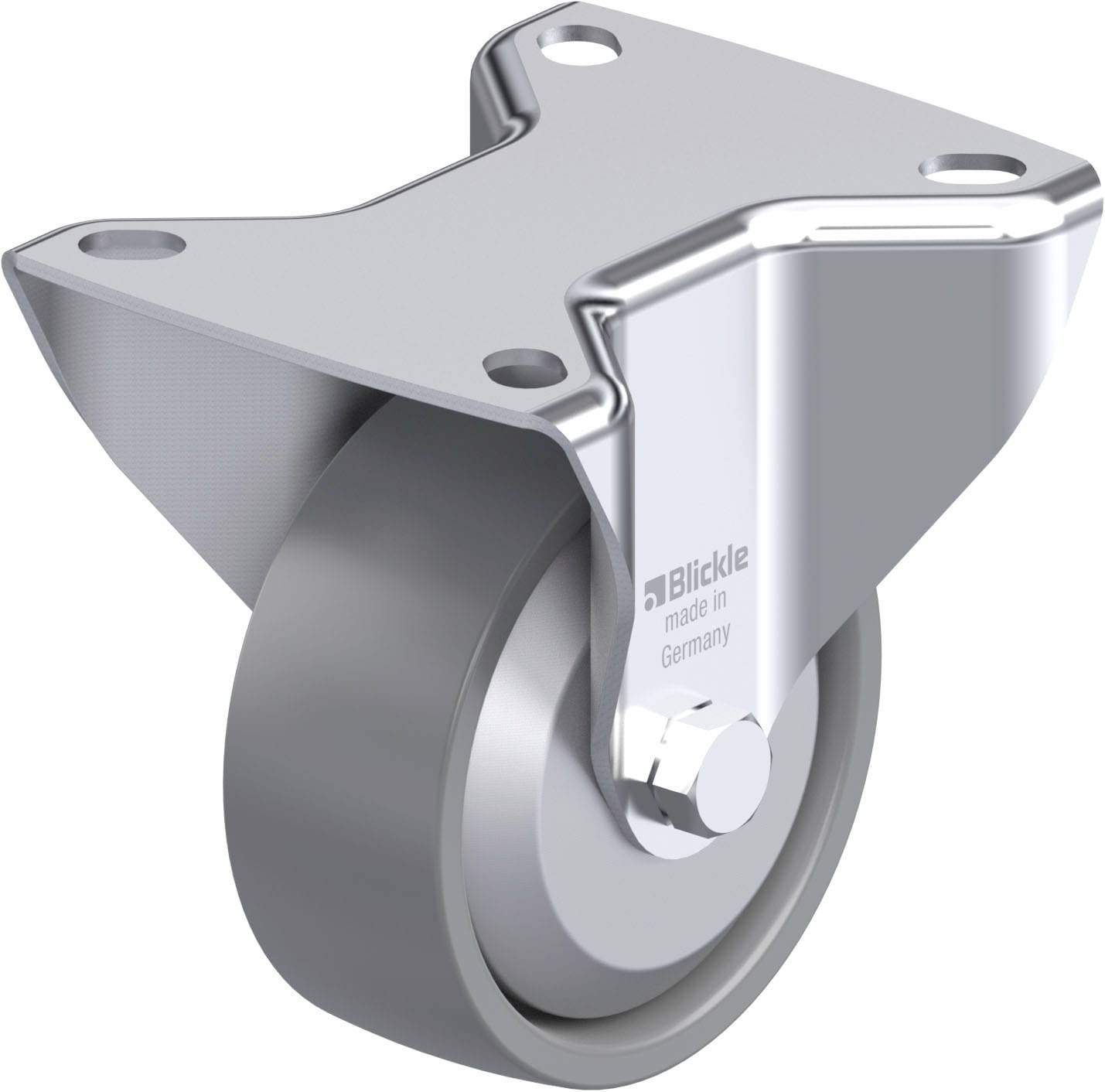 Metallrolle mit Aufhängung, von 'Blickle made in Germany'. Industrielles Design, geeignet für Transportgeräte oder Möbel.