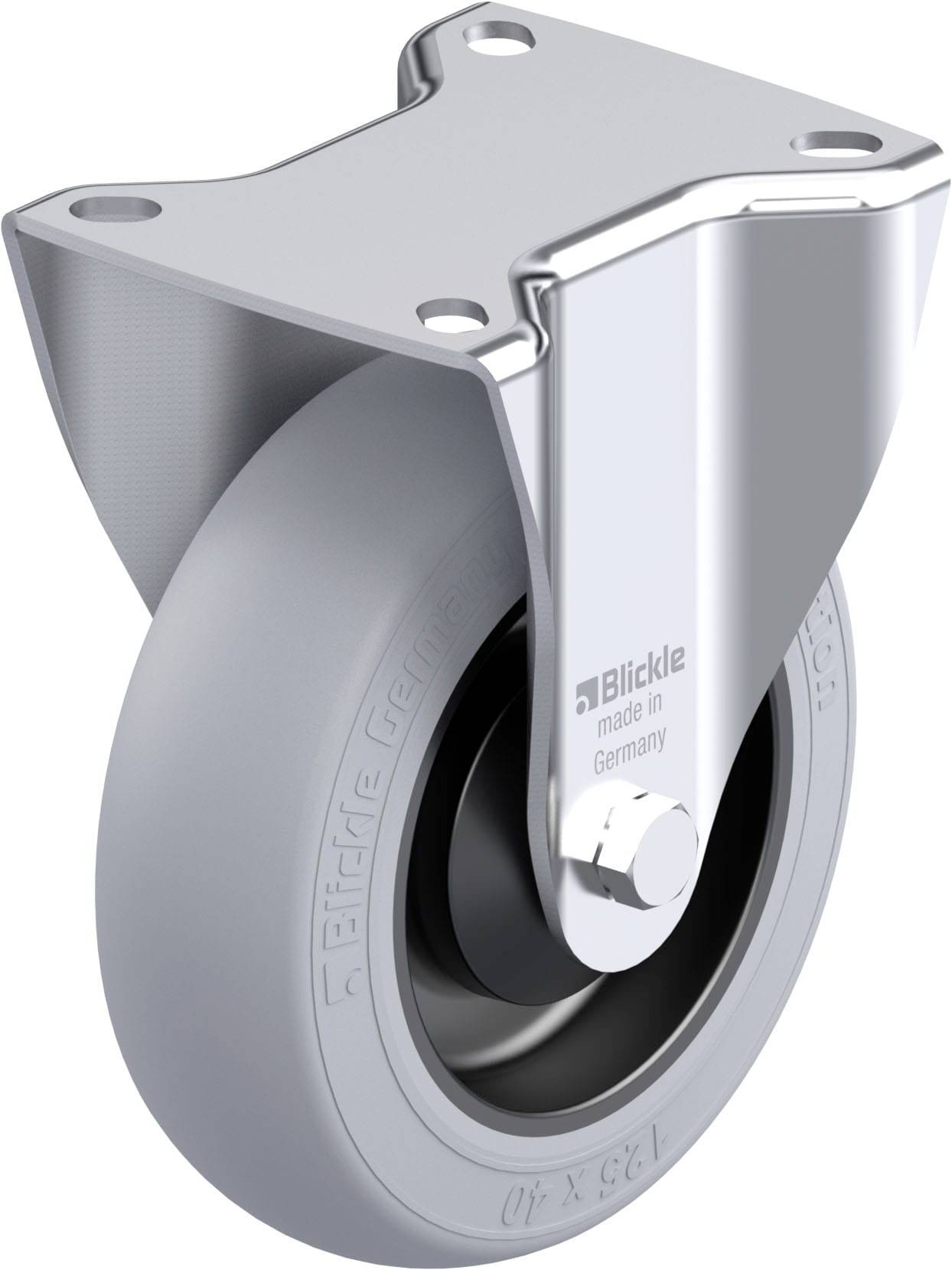 Schwenkrolle aus Metall mit grauem Rad und Befestigungsplatte, hergestellt in Deutschland von Blickle.