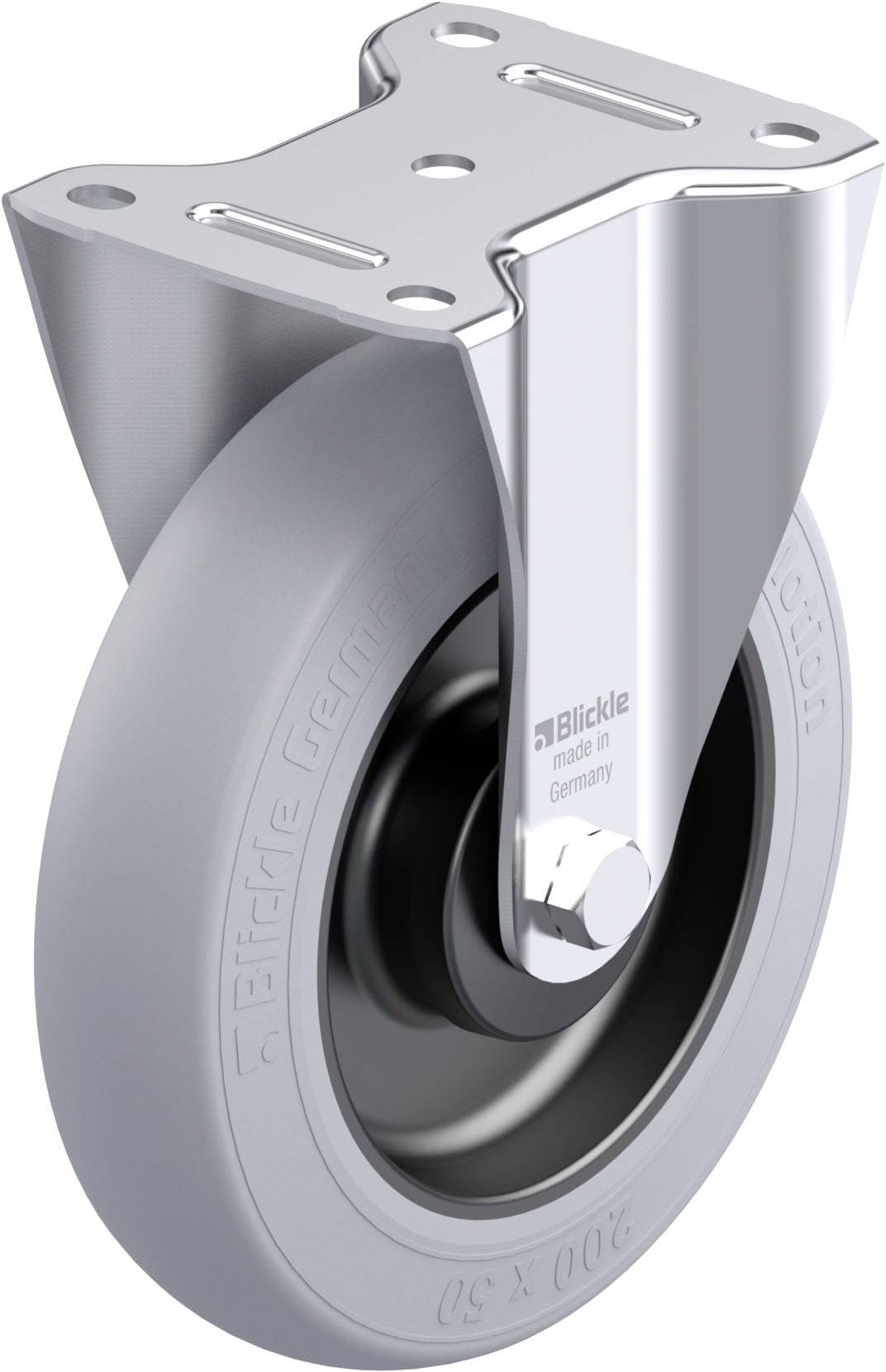 'Graues Rollenrad mit Metallhalterung, Aufschrift 'Blickle Made in Germany', industrielles Design.'