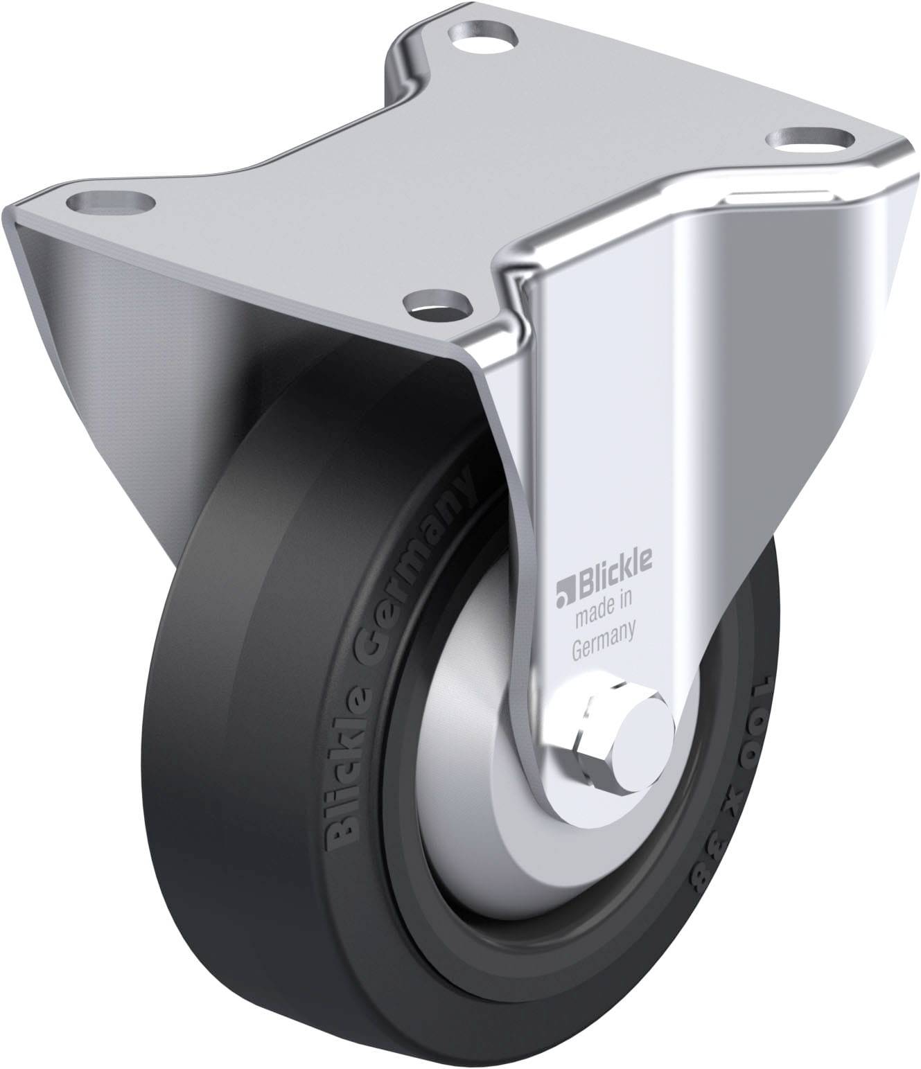 Ein einzelnes, schwenkbares Transportrollenrad aus Metall mit Gummireifen, hergestellt von der Firma 'Blickle'.
