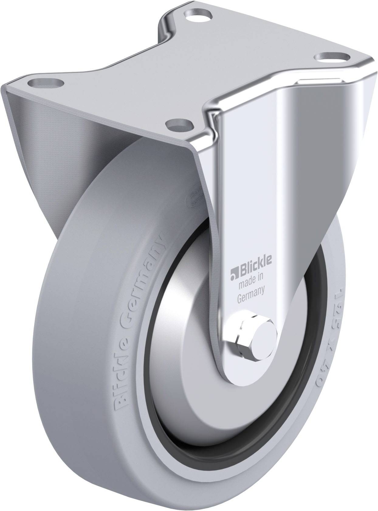 Industrie-Rollenrad mit Metallhalterung und grauer Gummibereifung, hergestellt in Deutschland von Blickle.