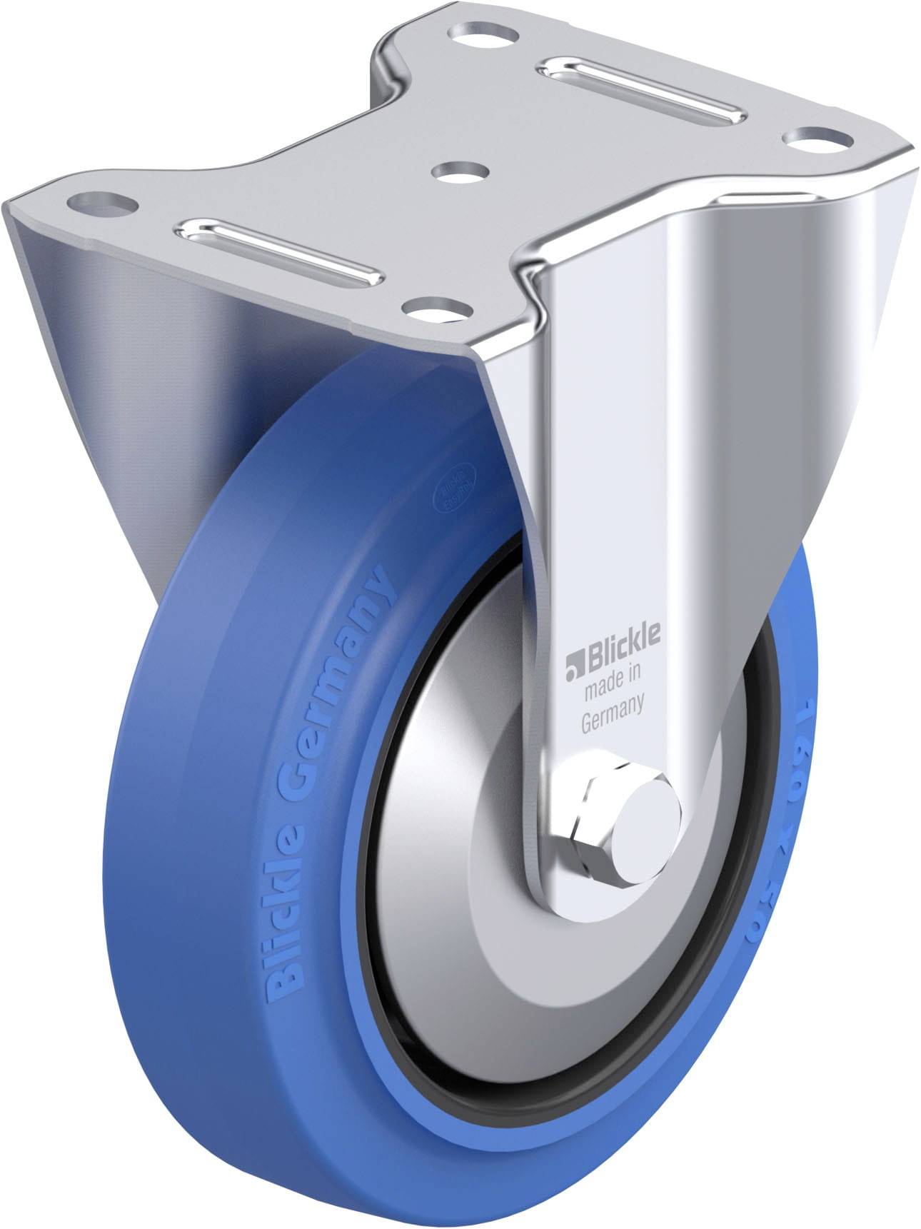 Blaue Lenkrolle mit Metallgehäuse von Blickle, hergestellt in Deutschland. Geeignet für Möbel oder industrielle Anwendungen.