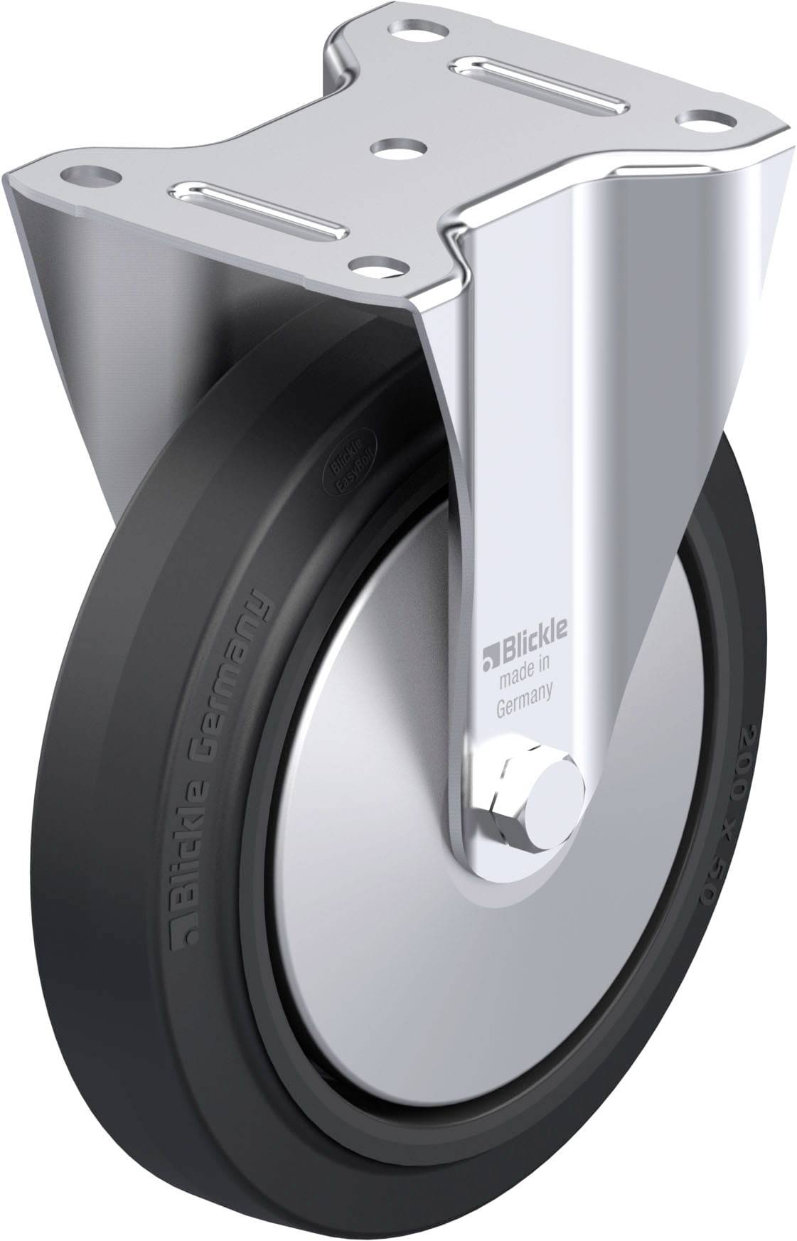 Eine silberne Rolle mit schwarzem Reifen und Metallhalterung, geeignet für Transportwagen oder Möbel, hergestellt in Deutschland.