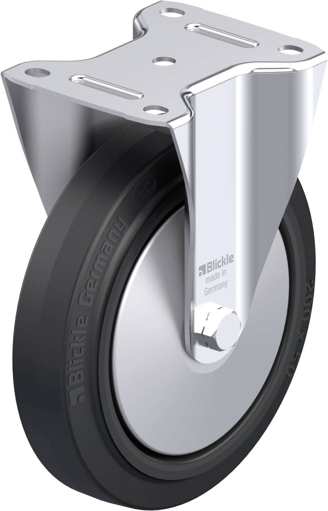 Metalllenkrolle mit schwarzem Gummirad und silbernem Halter, geeignet für Möbel oder Industrieanwendungen.