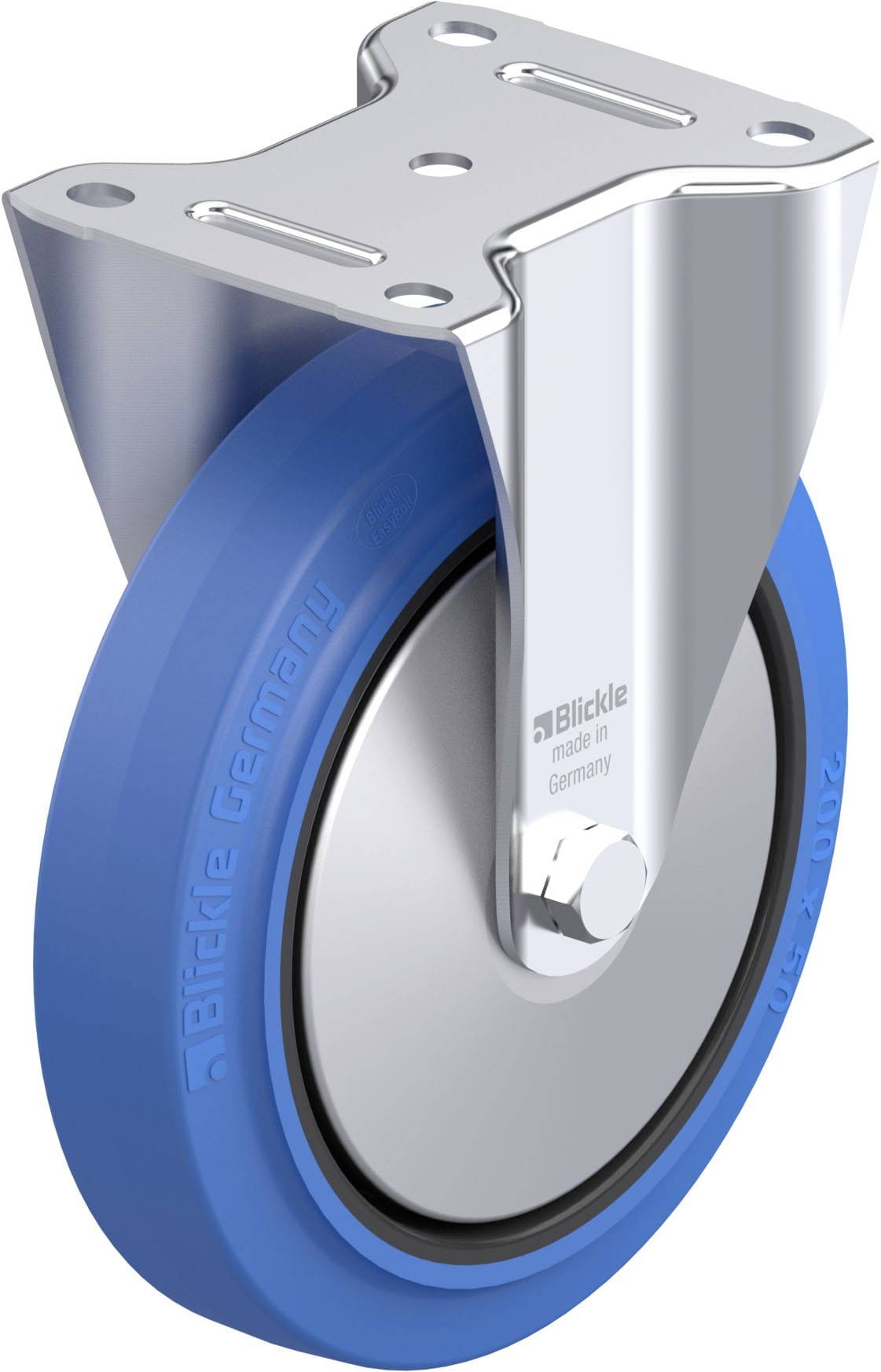 Das Bild zeigt ein blaues Rollenrad mit einer Metallhalterung, auf der 'Blickle made in Germany' steht. Es dient zur Befestigung an Objekten für Mobilität.