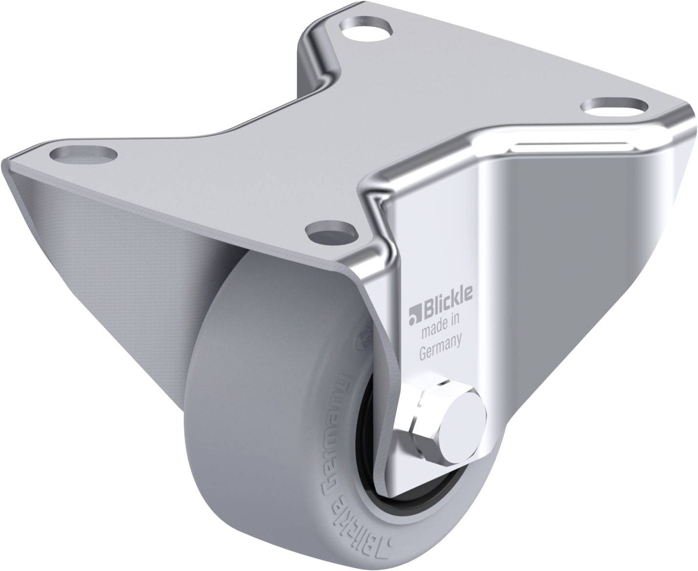Ein Lenkrollenmodul aus Metall mit einer grauen Kunststoffrolle, geeignet für Möbel oder Geräte, hergestellt in Deutschland von Blickle.